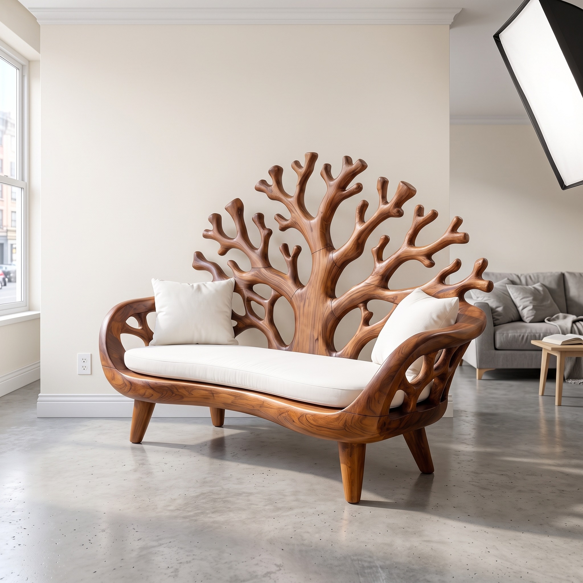 Modern Coral Tree Backrest Bench, Handcrafted Solid Wood Entryway, Foyer & Indoor Patio Bench, Accent Seating