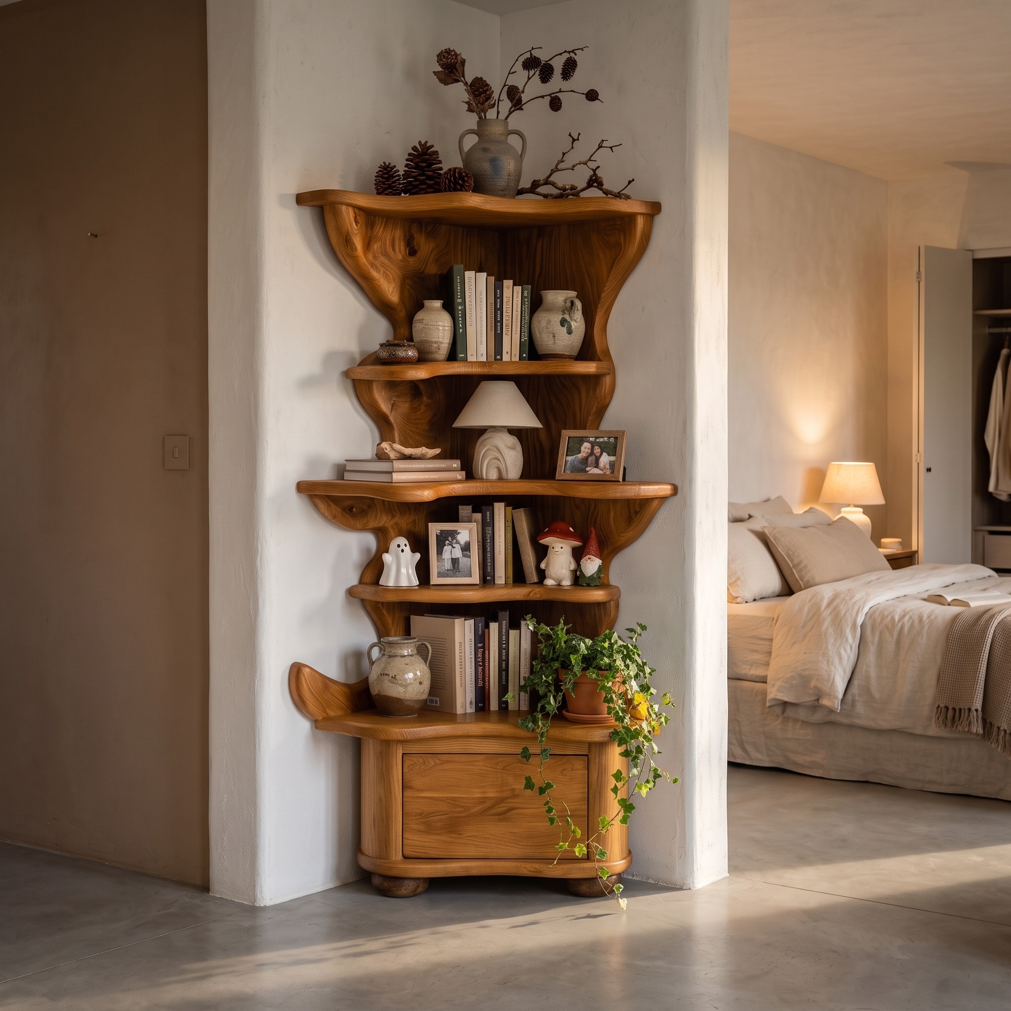 Modern Corner Bookshelf with Drawer Storage for Living Room