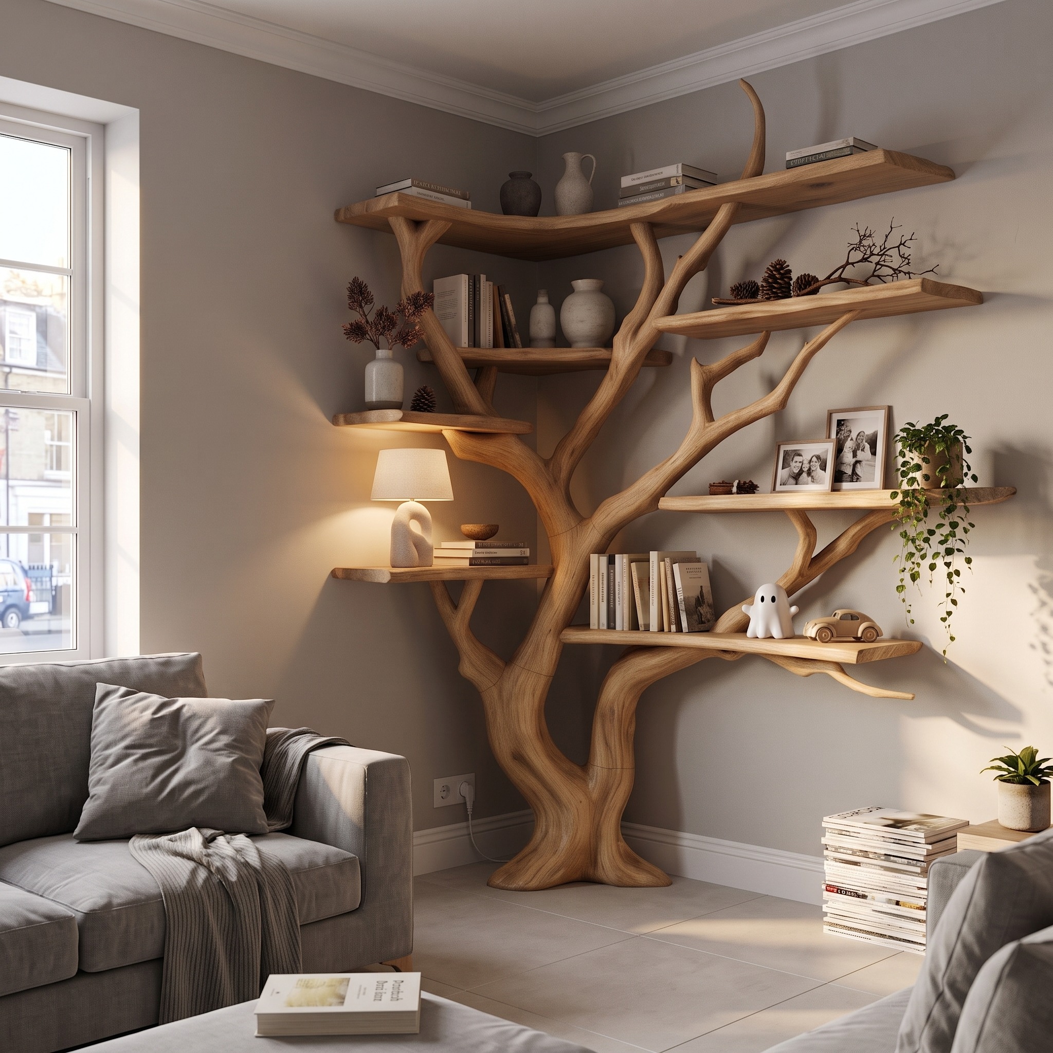 Modern Corner Tree Bookshelf with Asymmetrical Shelves for Living Room
