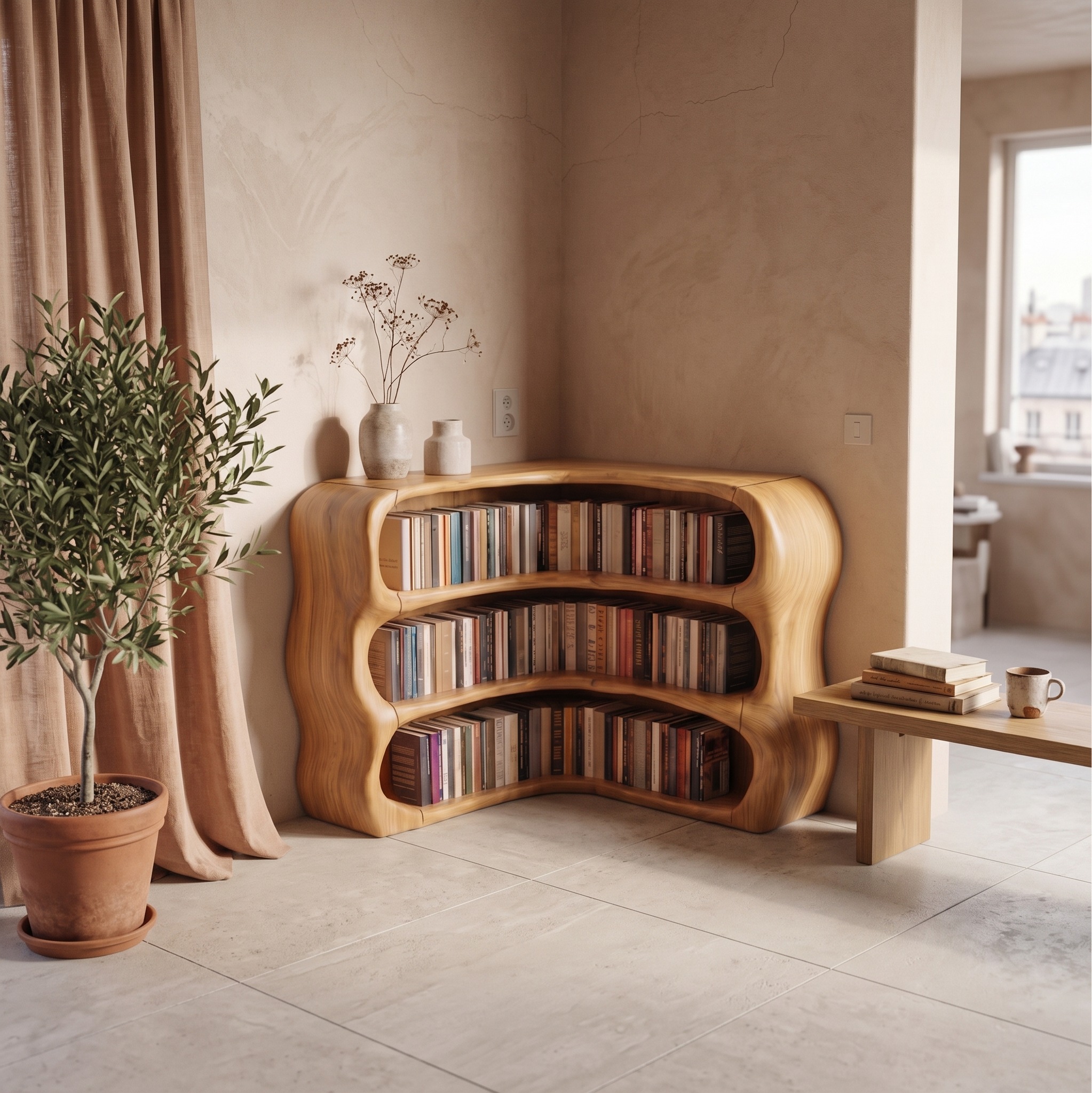 Modern Curved Bookshelf, Sculptural Wooden Open Shelf Bookcase Display for Living Room & Bedroom