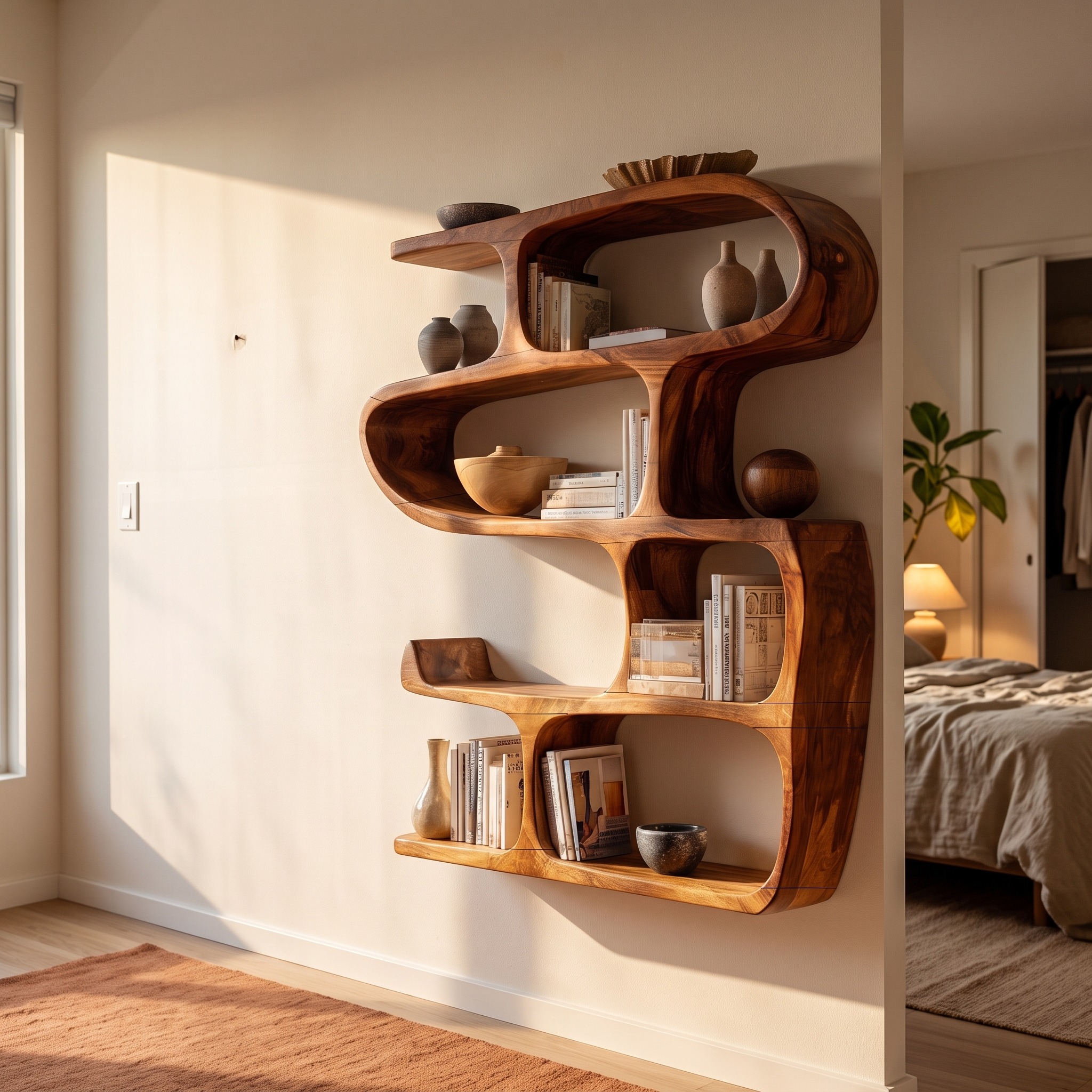 Modern Curved Bookshelf, Stylish Wooden Bookcase & Console Storage Shelf for Hallway & Entryway