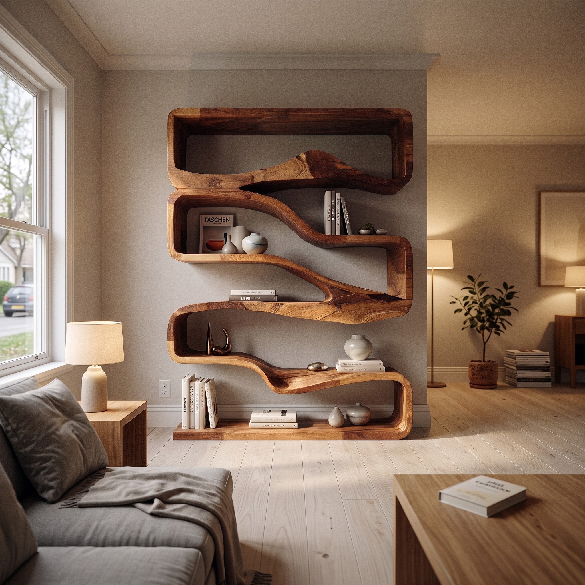 Modern Curved Bookshelf with Flowing Design for Bedroom