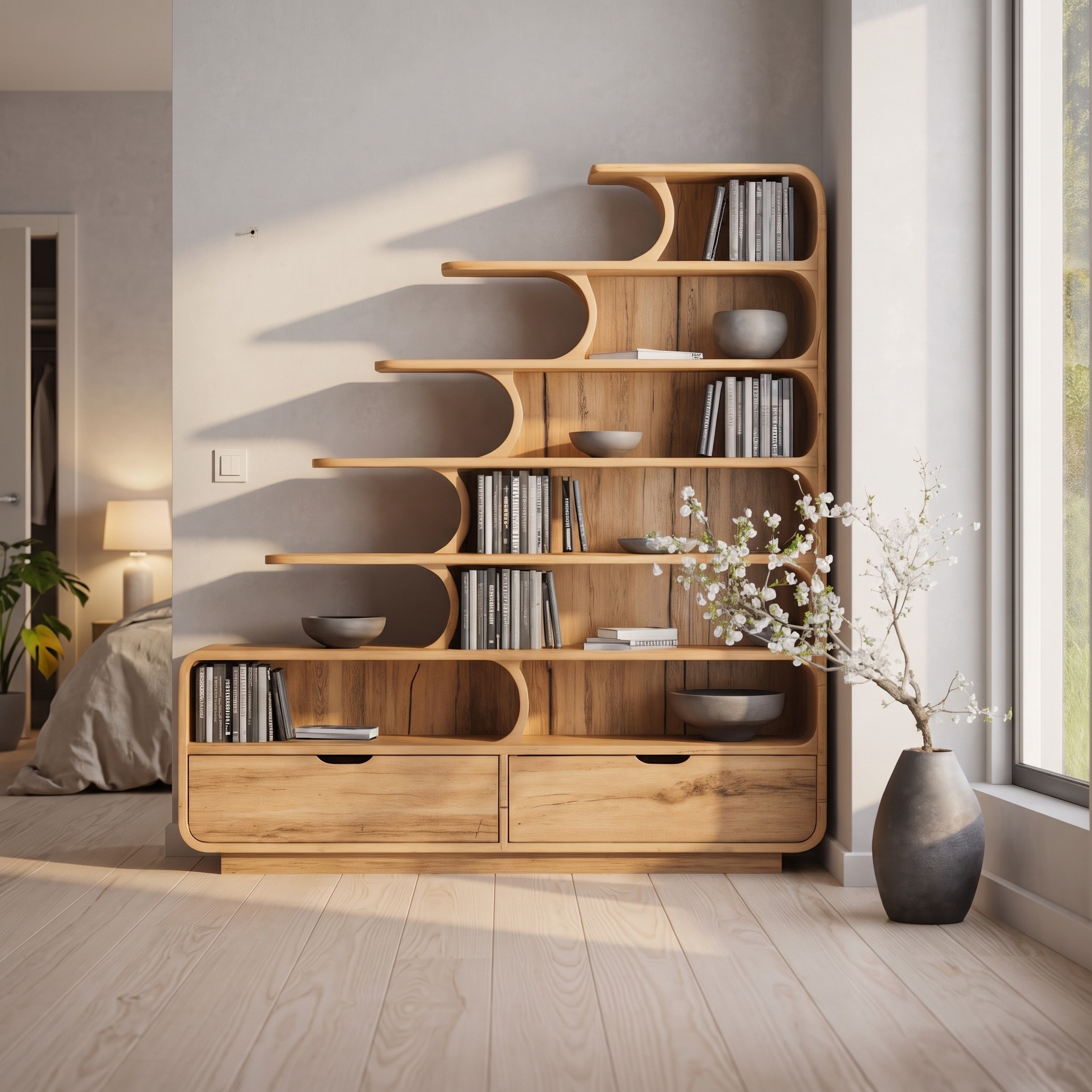 Modern Curved Bookshelf with Tiered Design & Drawers, Solid Wood Bookcase, Storage Shelves for Living Room, Office