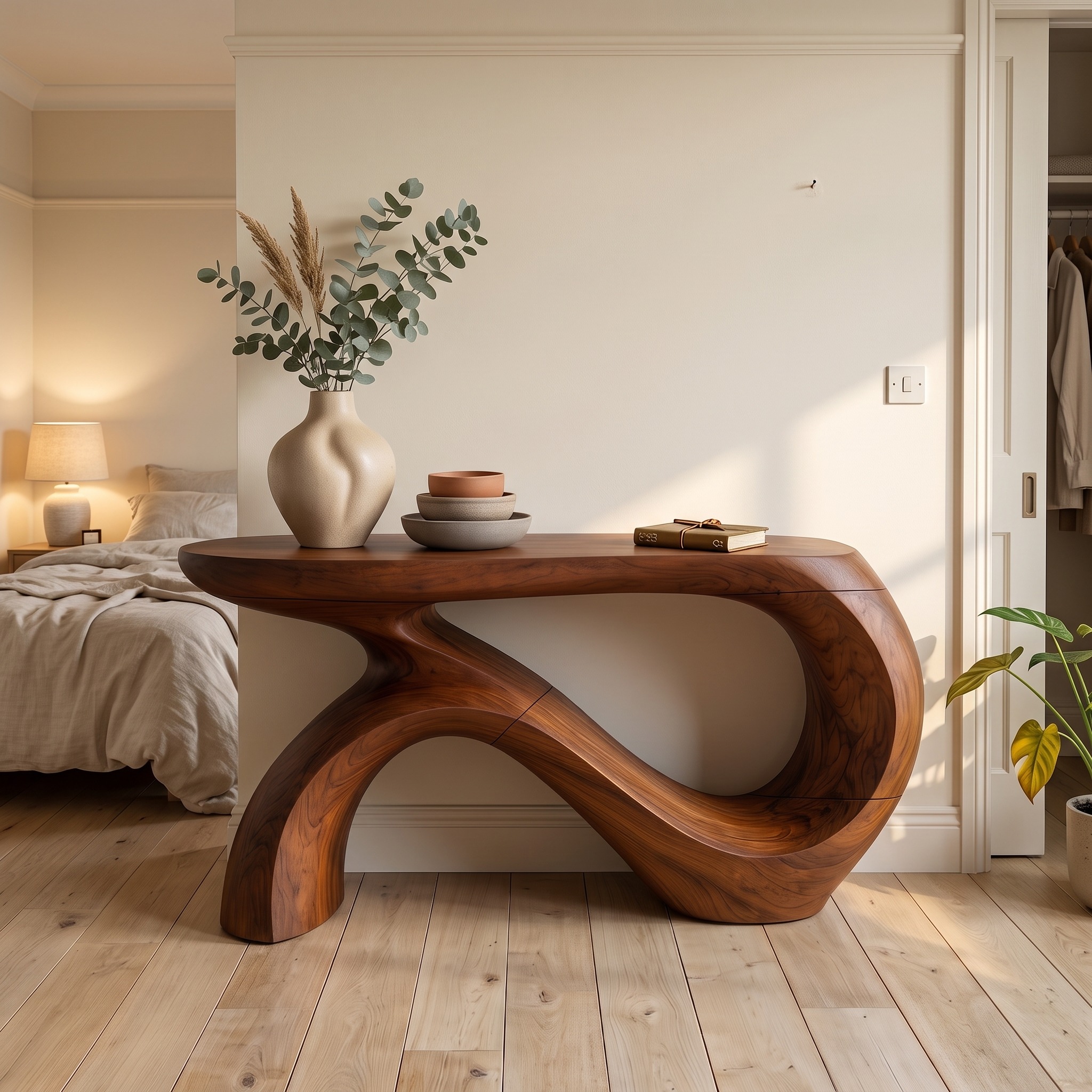 Modern Curved Console Table, Solid Wood Entryway Accent Sofa Table for Living Room