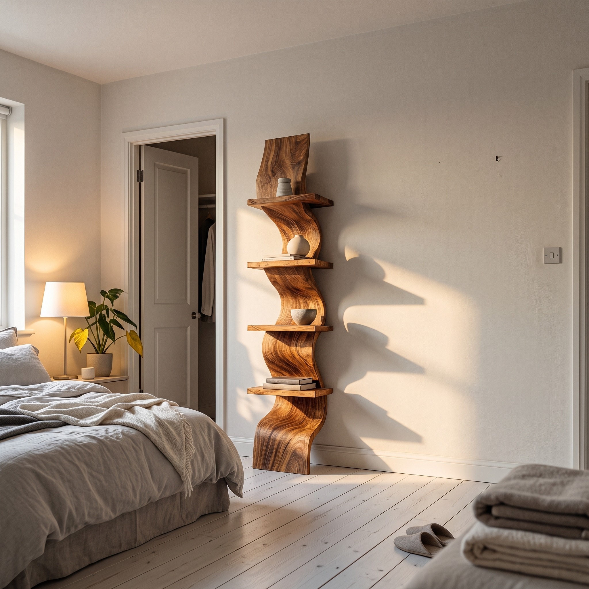 Modern Curved Floating Shelf, Handcrafted Solid Wood Wall Mounted Display Ledge for Statement Living Room Decor