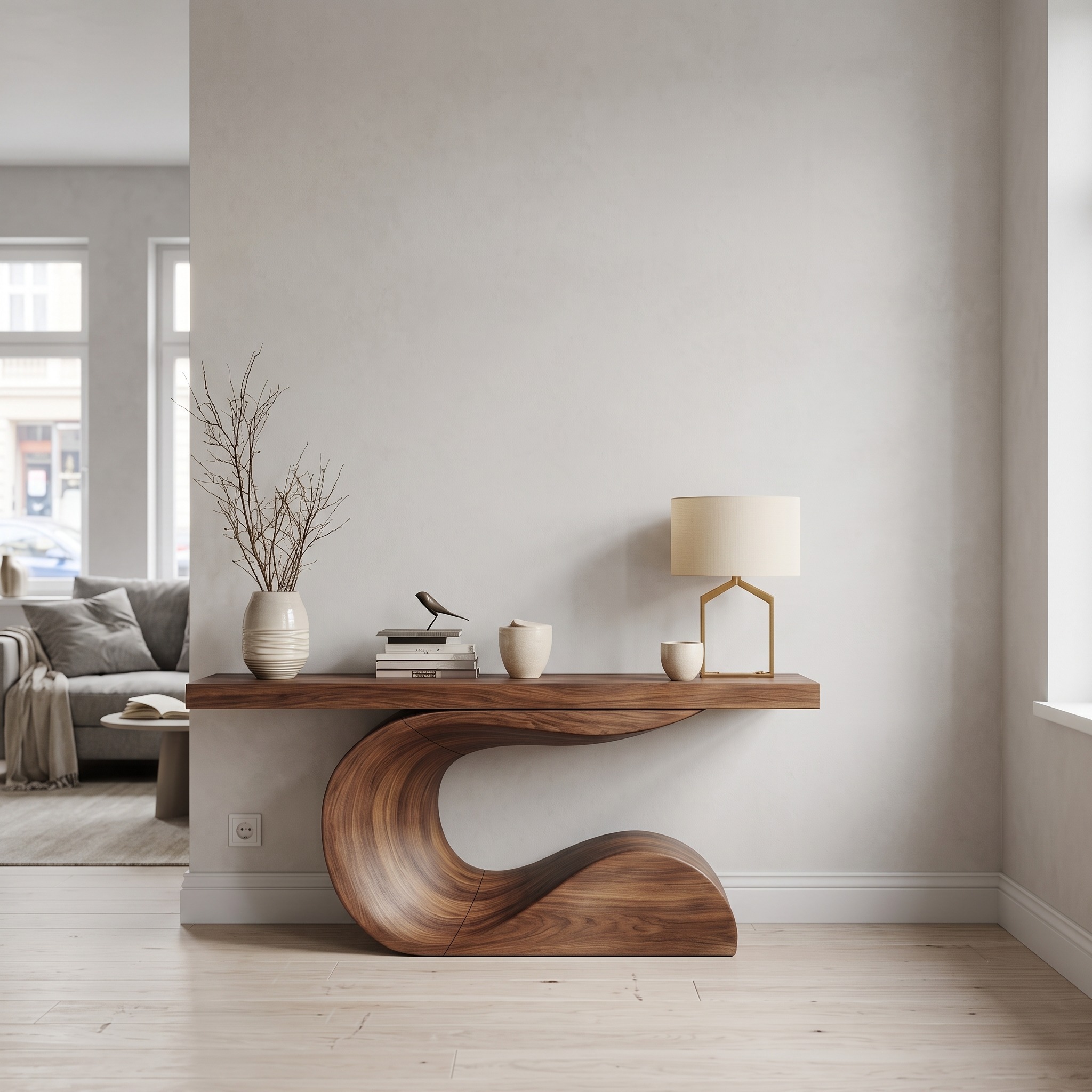 Modern Curved Sculptural Console Table, Solid Wood Entryway, Hallway & Sofa Back Accent Table