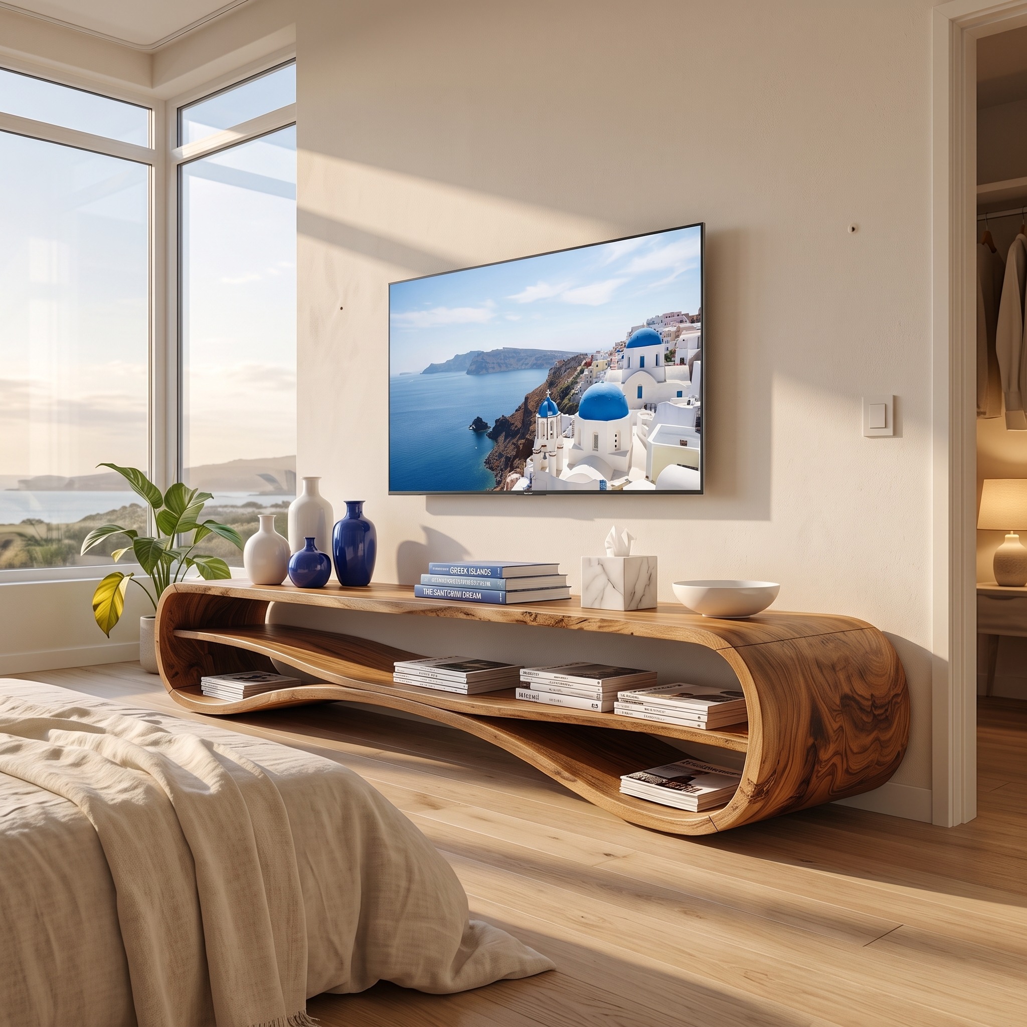 Modern Curved TV Stand, Solid Wood Coastal Media Console & Low Profile Sideboard Cabinet