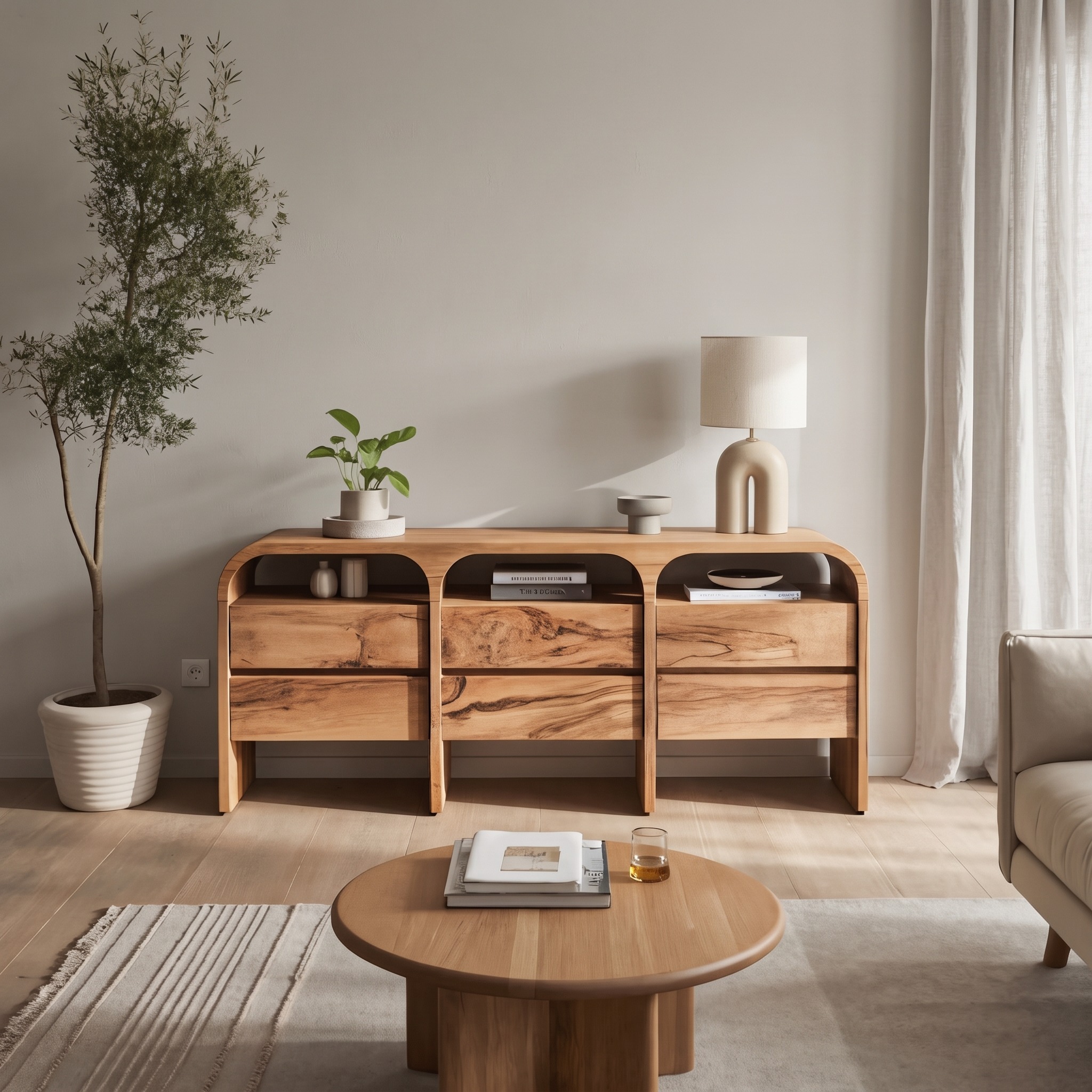 Modern Curved Wood Sideboard, Contemporary Buffet Cabinet & Entryway Credenza Console for Living Room