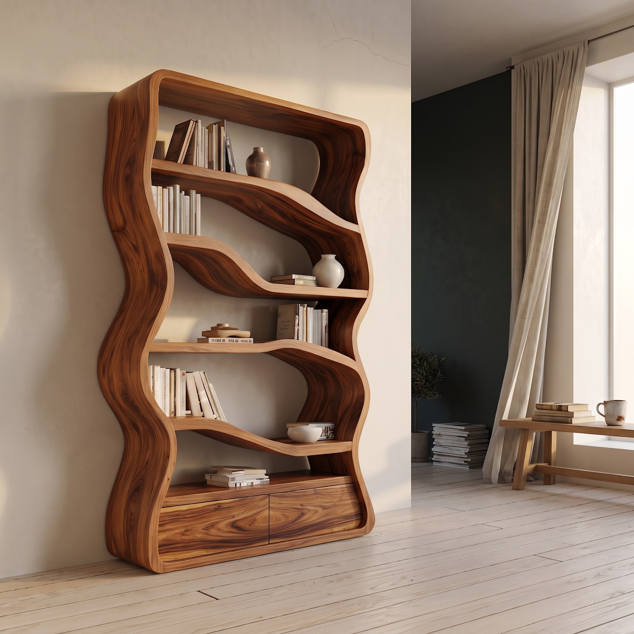 Modern Curved Wooden Bookshelf for Living Room
