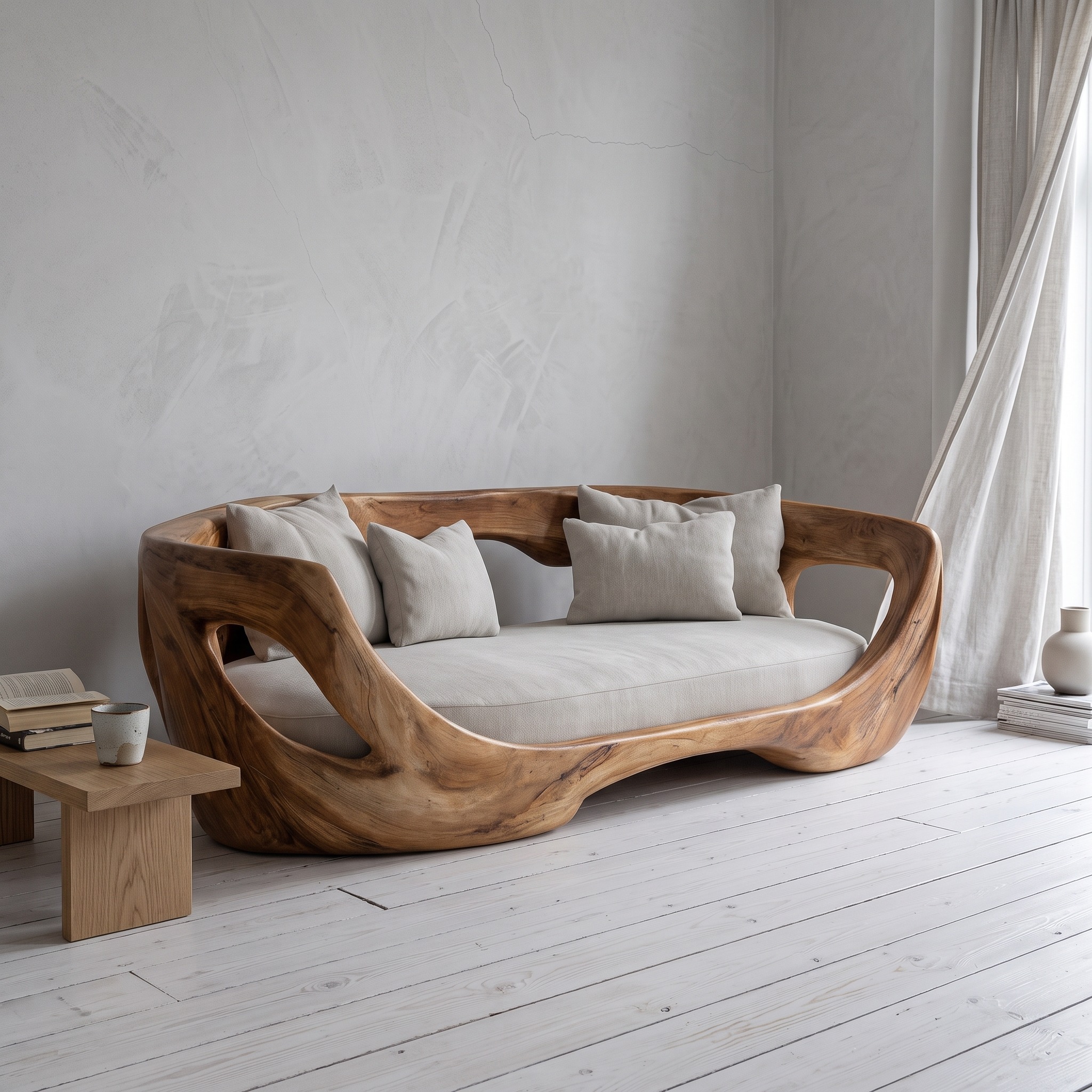 Modern Curved Wooden Sofa, Contemporary Loveseat Settee Couch for Living Room Bedroom Lounge Seating