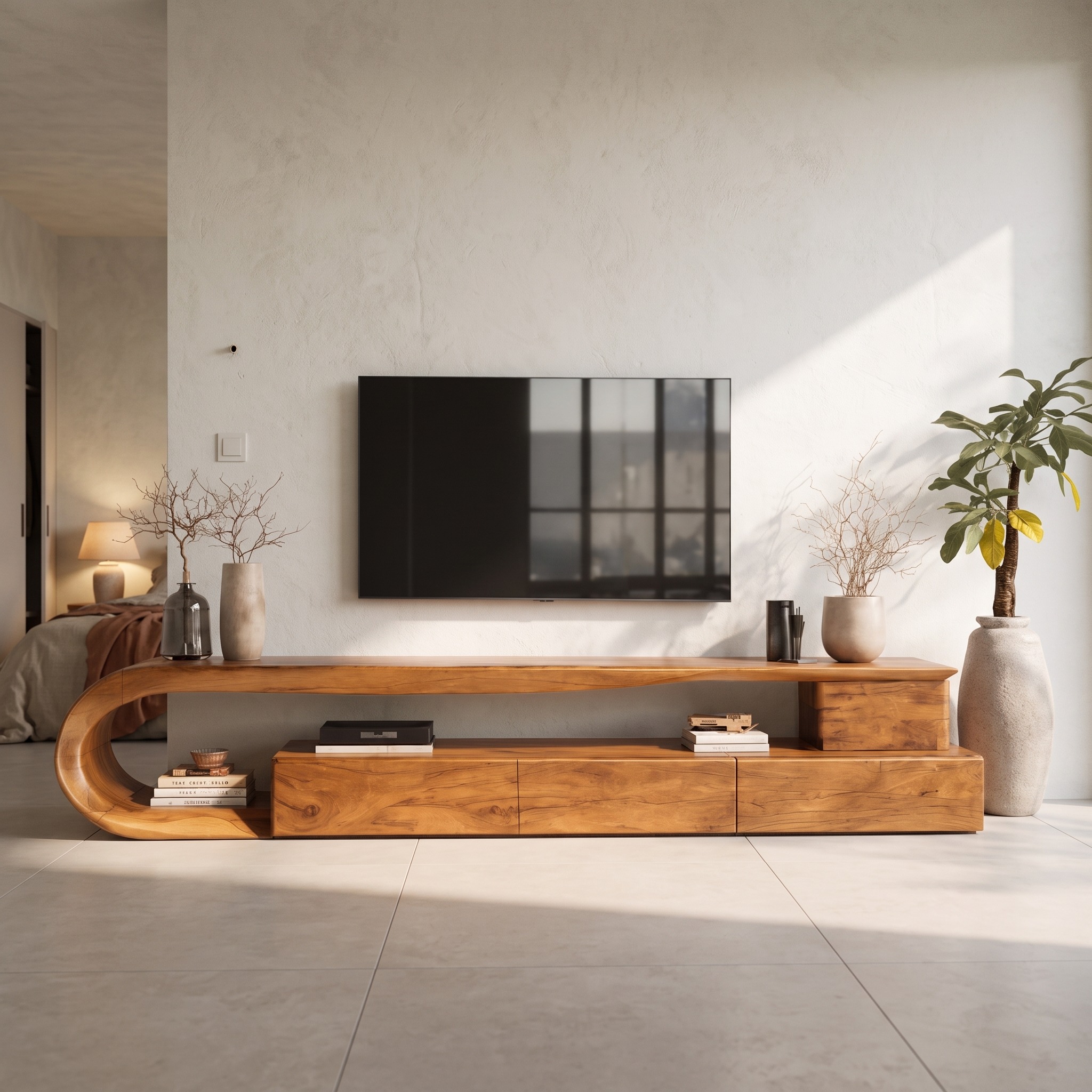 Modern Curved Wooden TV Console Cabinet, Handcrafted Solid Wood Media Storage Credenza with Drawer for Living Room