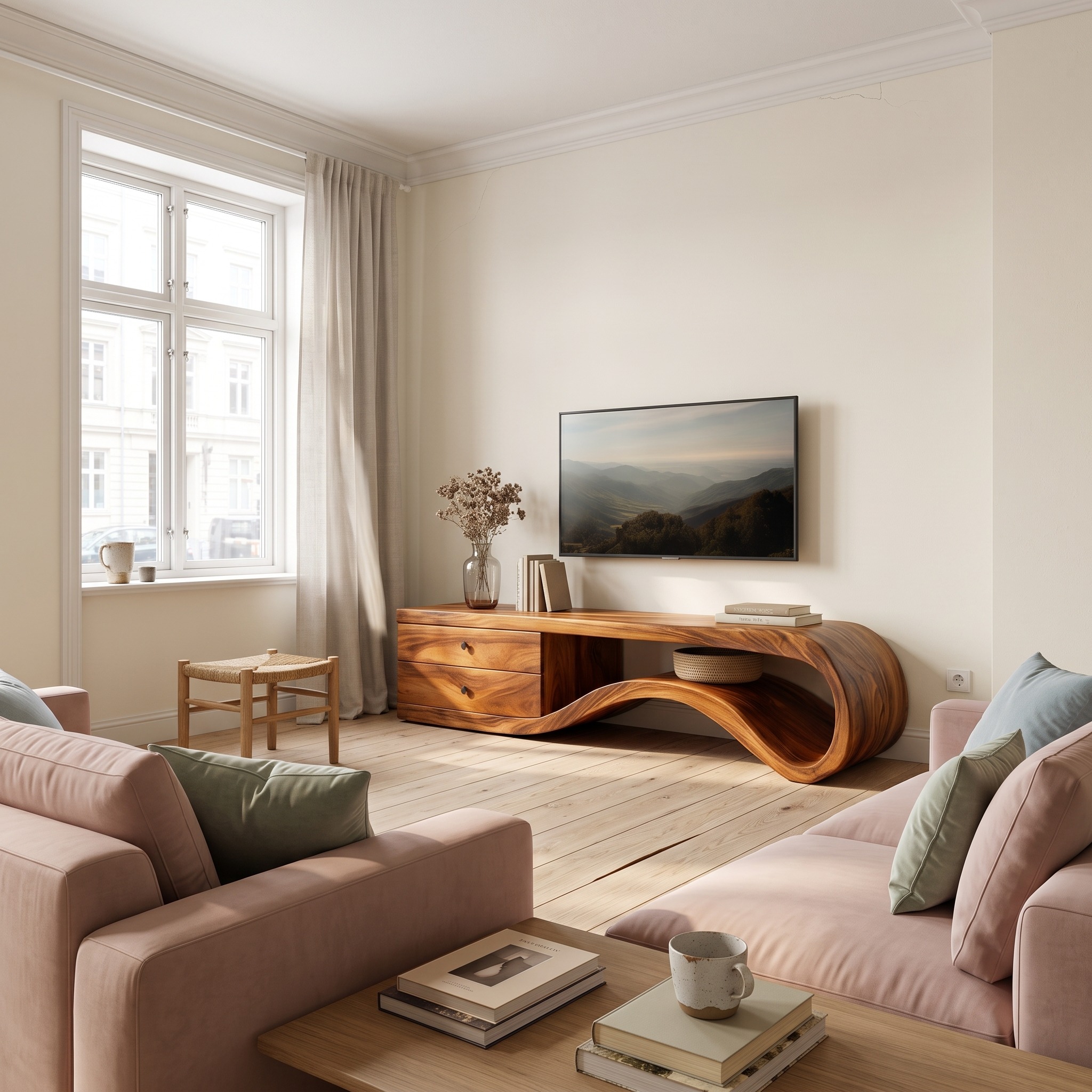 Modern Curved Wooden TV Stand, Sculptural Media Console Table, Minimalist Living Area Entertainment Center