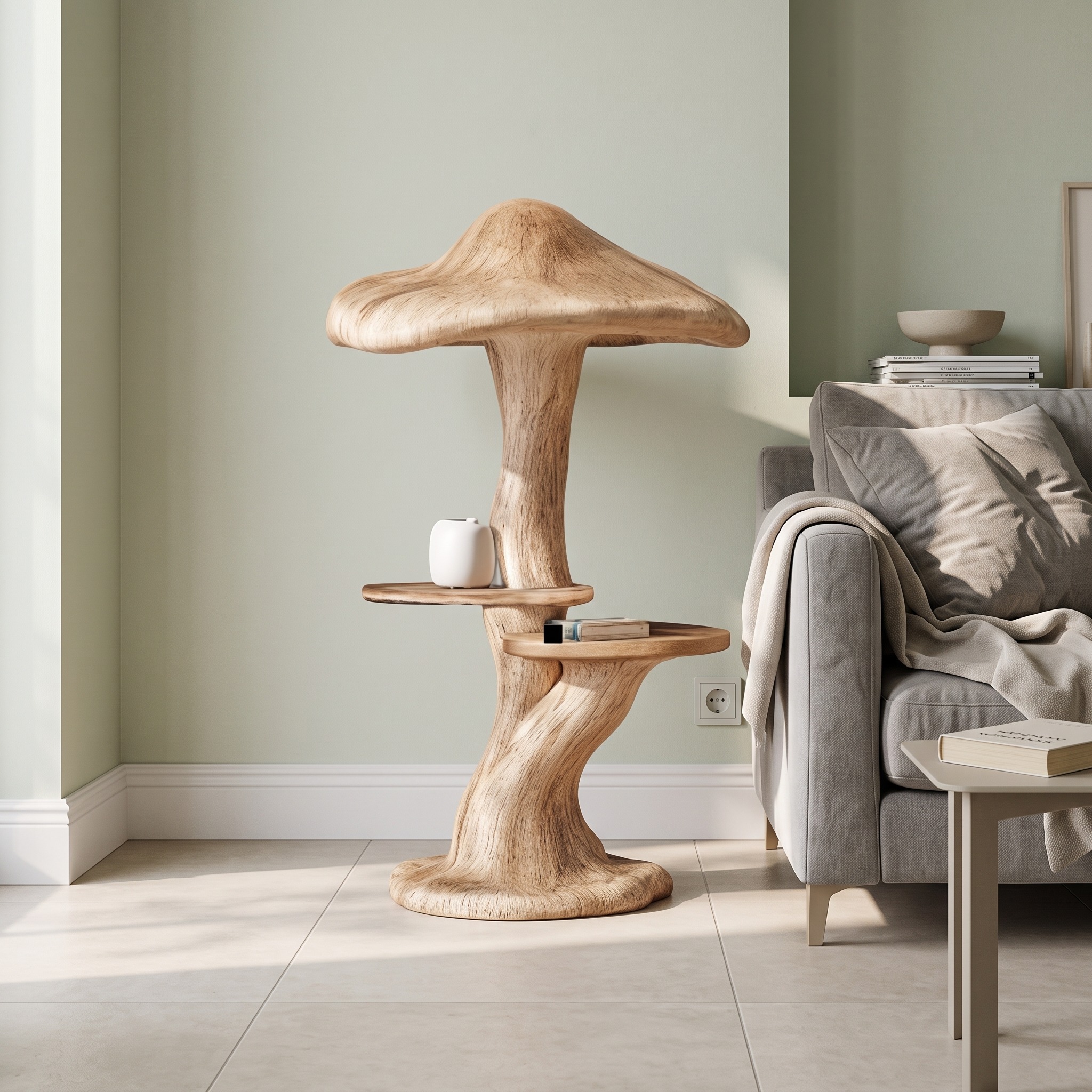 Modern Decorative Mushroom Wall Shelf, Whimsical Floating Wooden Bedside Shelf for Living Room & Kids Bedroom, Wood Art