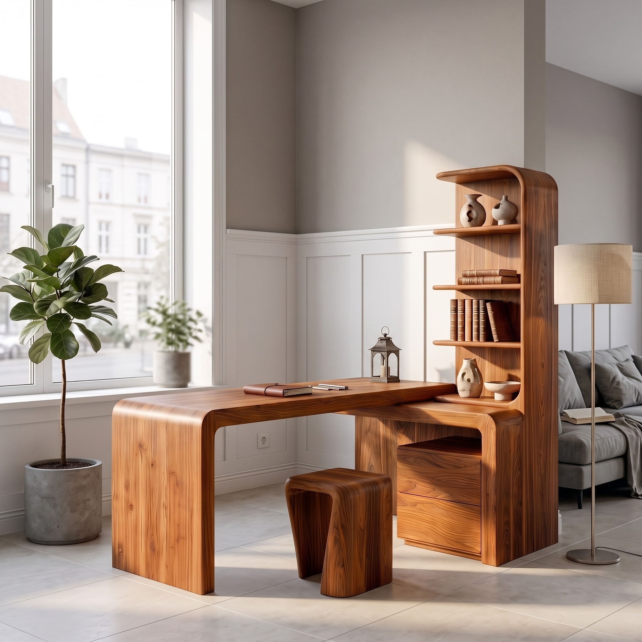Modern Desk with Built in Bookshelf for Home Office and Workspace
