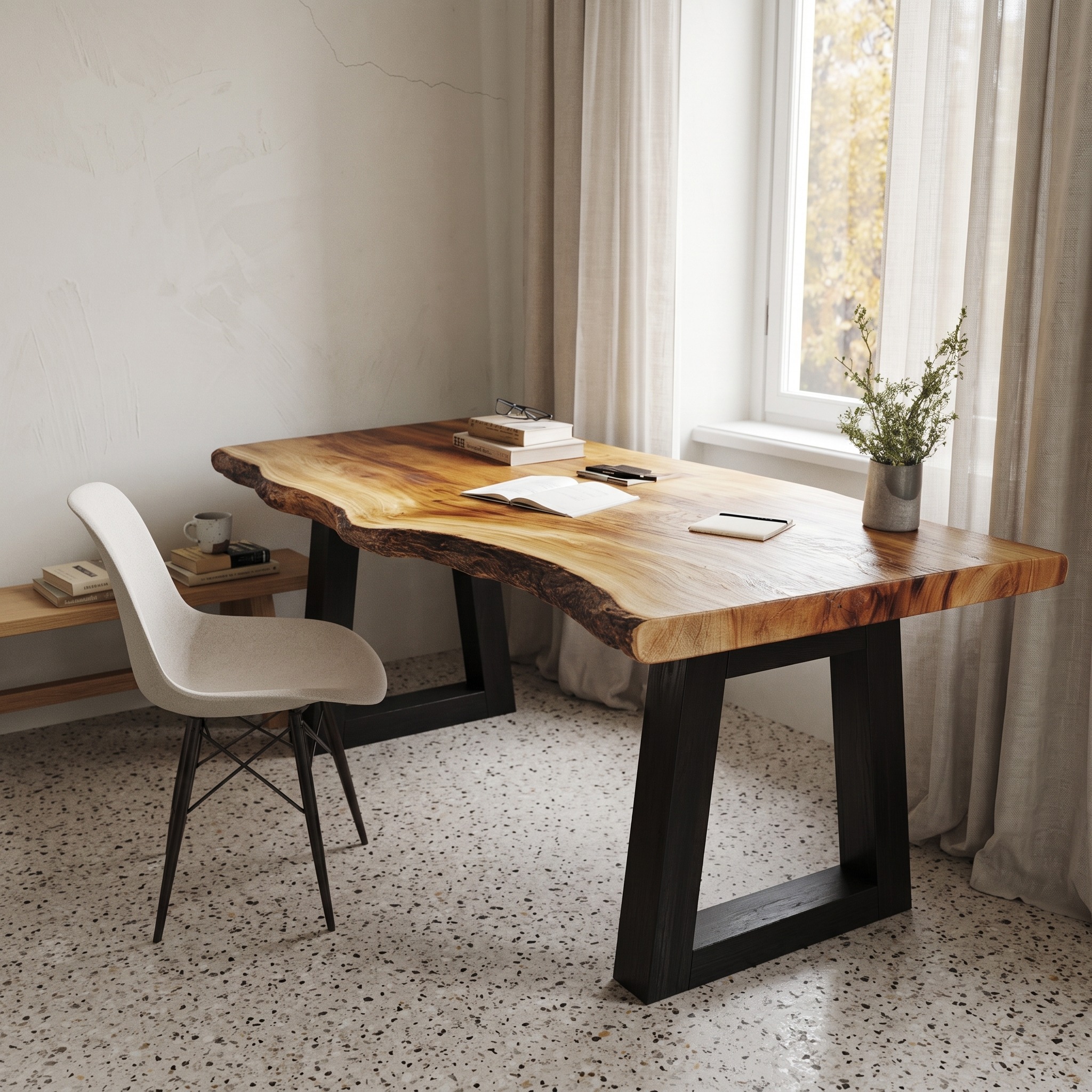 Modern Desk with Live Edge Solid Wood Top and Steel Base for Workspace