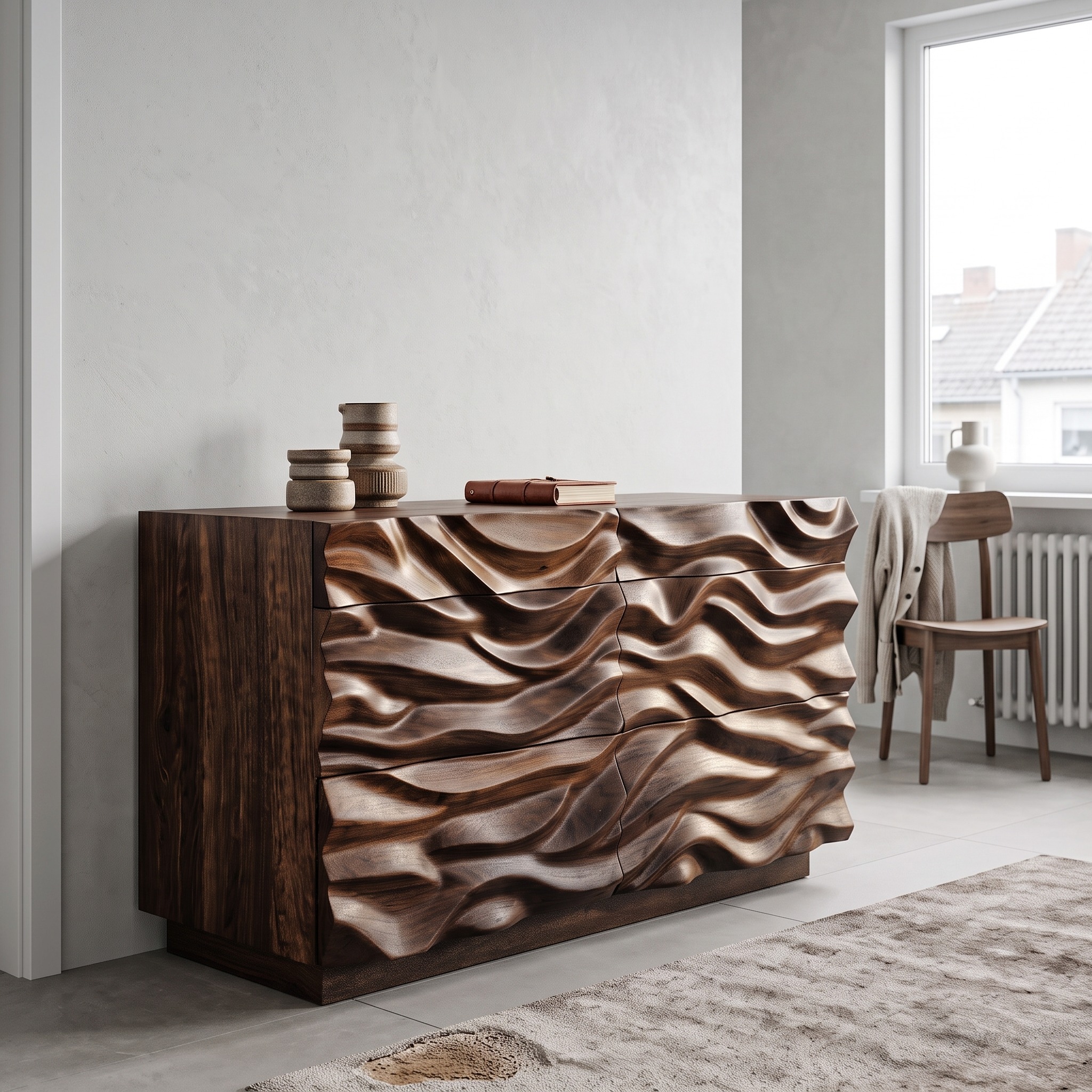 Modern Dresser with Sculpted Wave Front for Bedroom