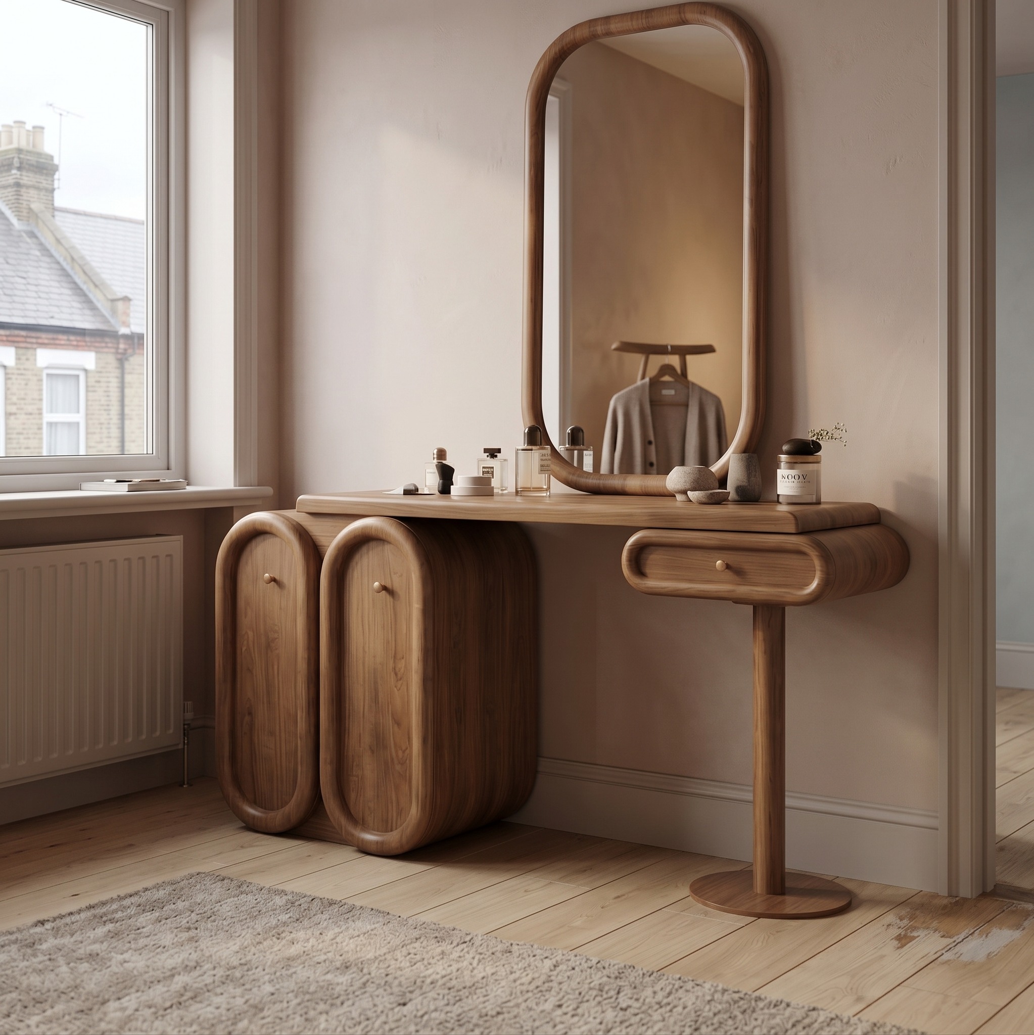 Modern Dressing Table with Storage, Solid Wood Unique Sculptural Makeup Vanity Desk for Bedroom Decor