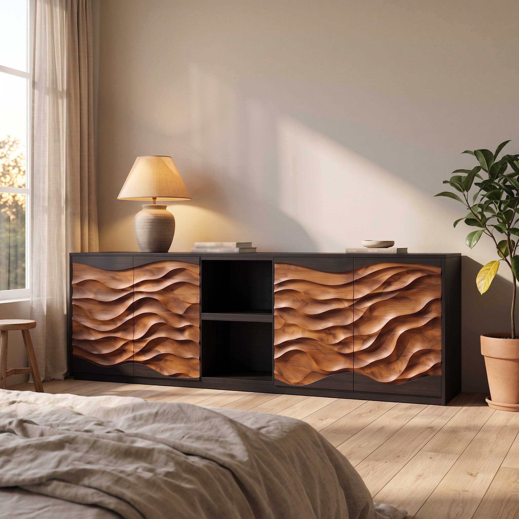 Modern Dune Carved Credenza Open Living Room