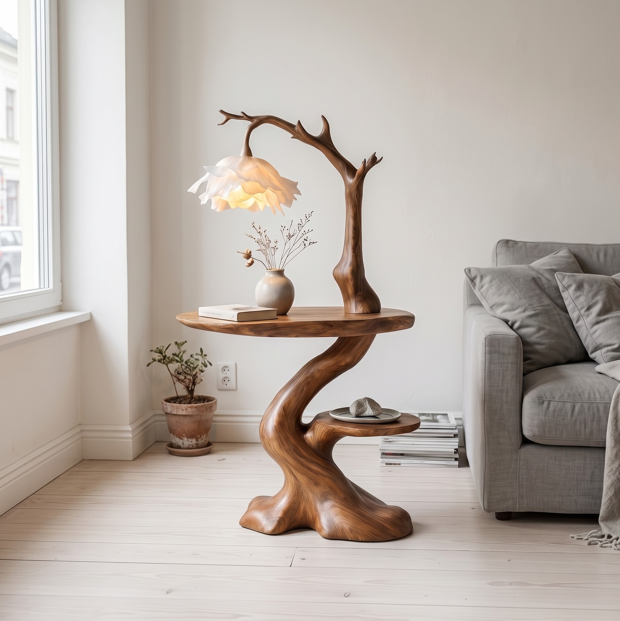 Modern End Table with Tree Branch Lamp, Handcrafted Solid Wood Side Table & Bedside Nightstand for Bedroom