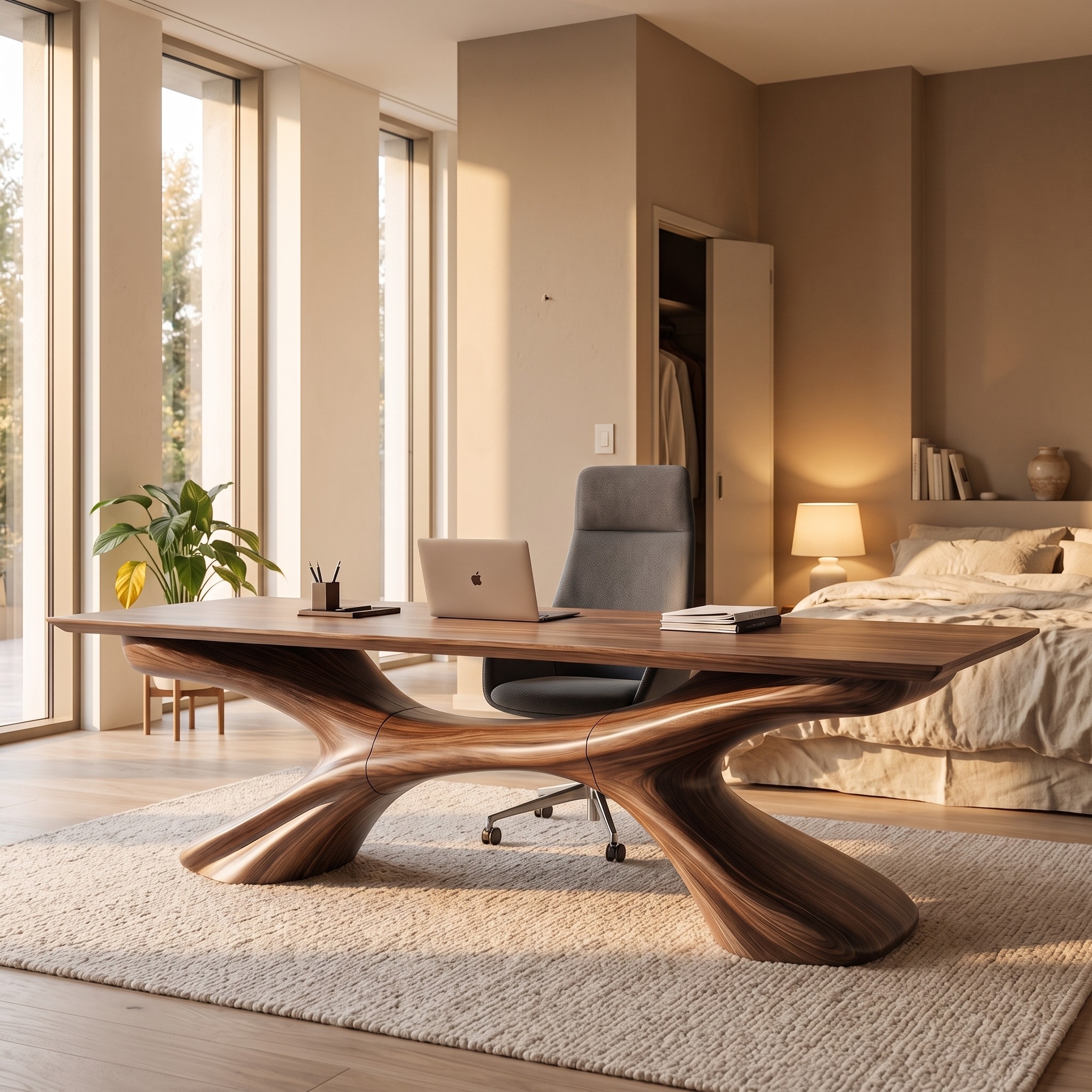 Modern Executive Desk, Handcrafted Sculptural Solid Wood Home Office Computer Writing Workstation Table, Model