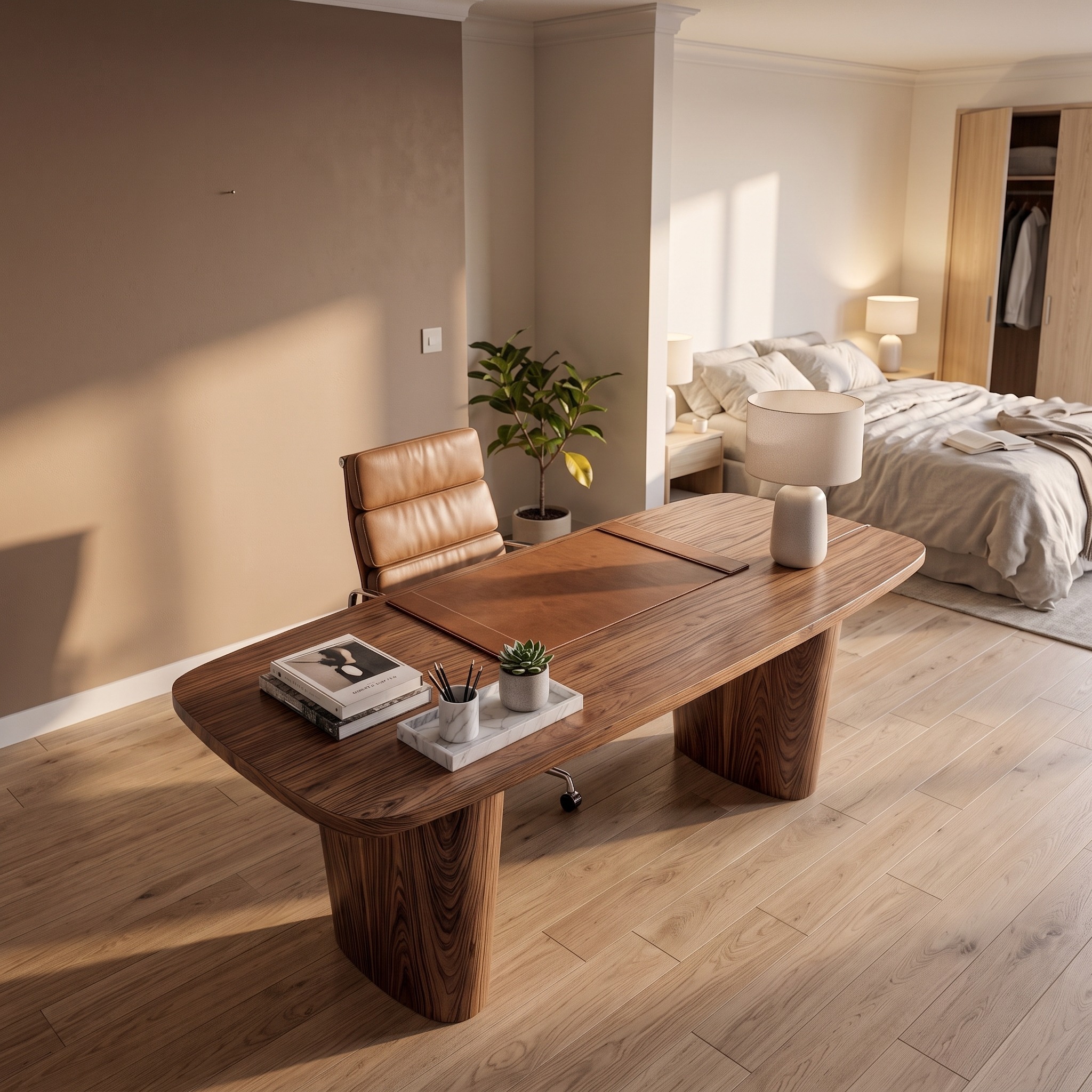 Modern Executive Wooden Desk, Sculptural Solid Wood Base Writing Desk for Home Office & Workspace