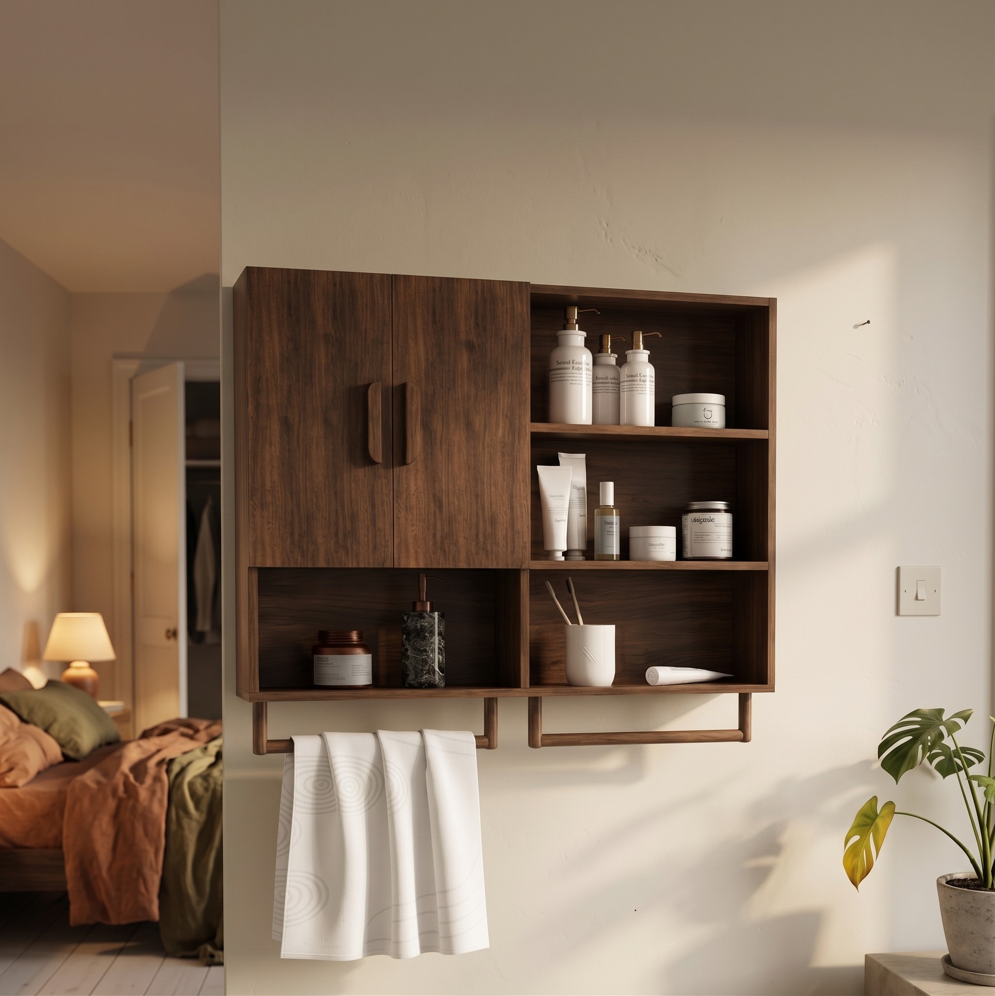 Modern Farmhouse Bathroom Organizer Cabinet, Solid Wood Wall Mounted Storage Cabinet for Restroom & Over Toilet