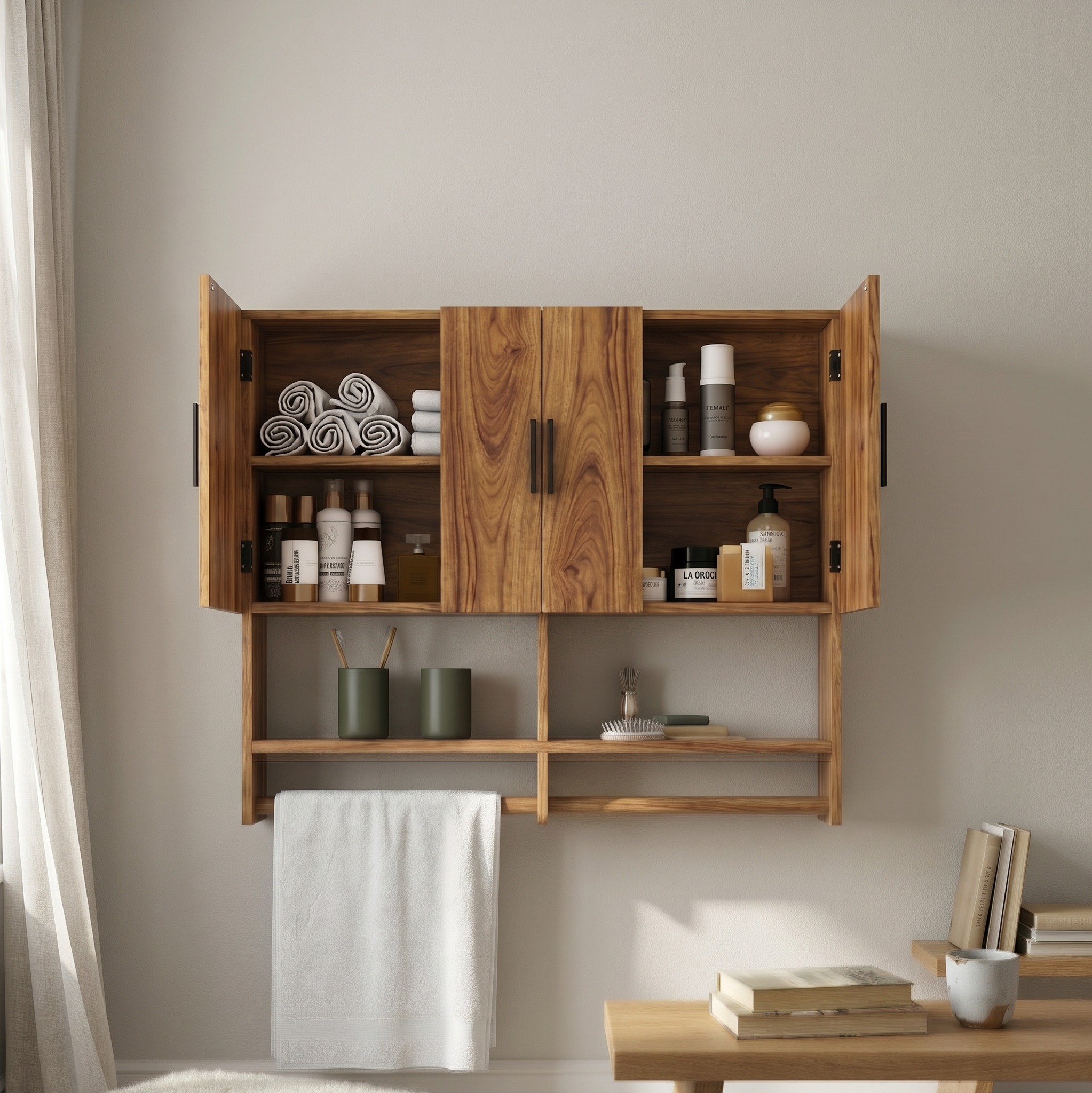 Modern Farmhouse Bathroom Wall Cabinet, Solid Wood Hanging Medicine Cabinet with Shelves, Rustic Vanity Wall Storage