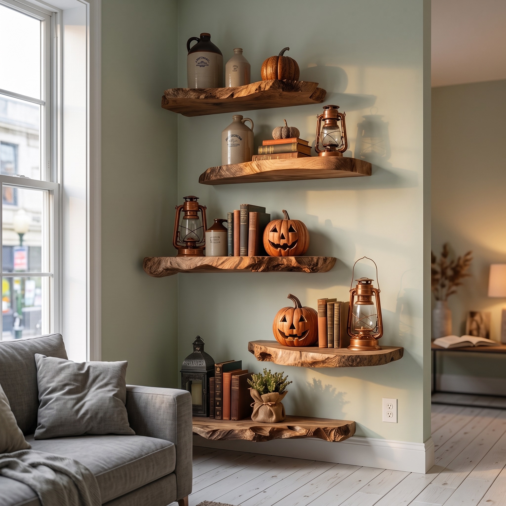 Modern Farmhouse Floating Wall Shelves, Solid Wood Hanging Display Racks for Autumn Thanksgiving Home Decor, Accent