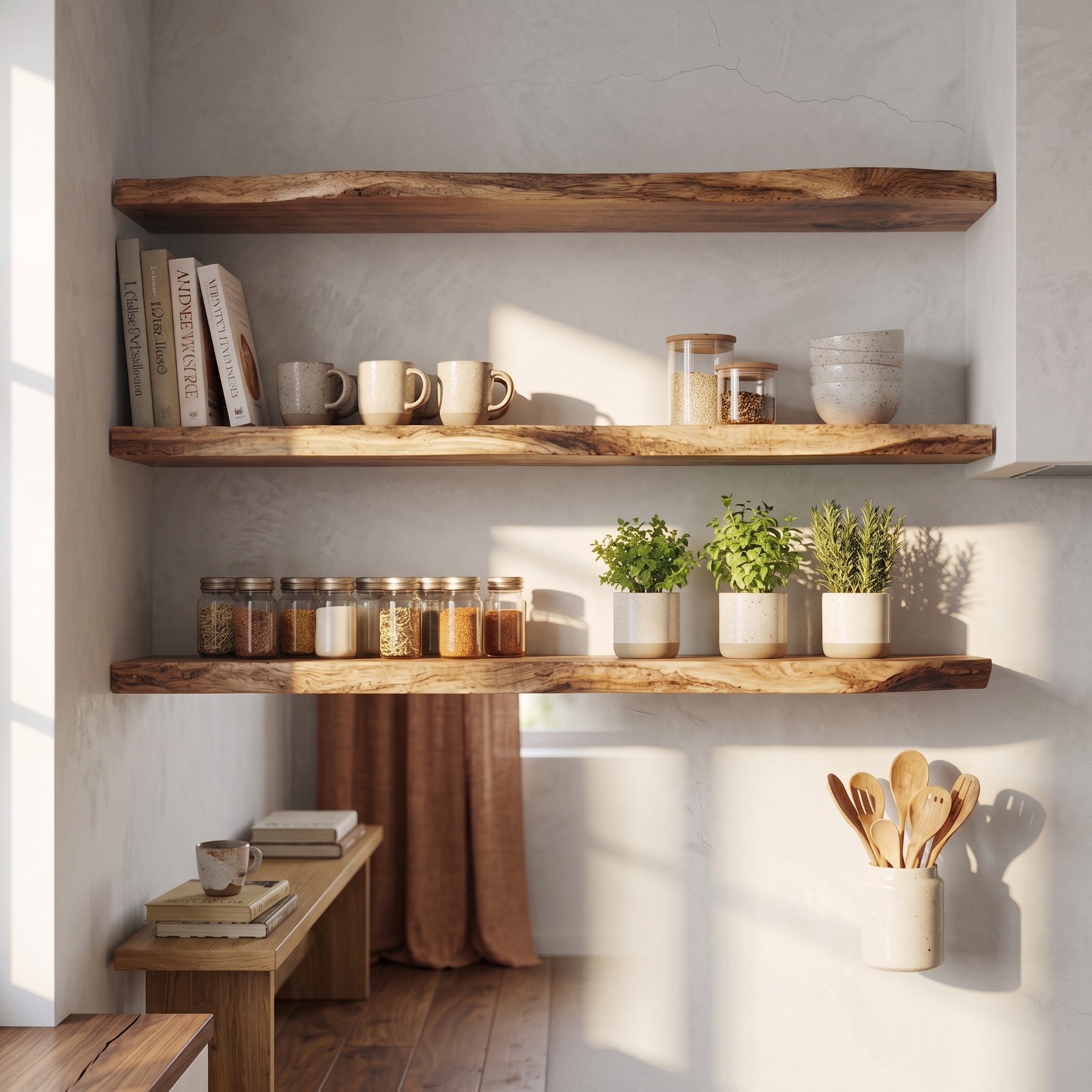 Modern Farmhouse Solid Wood Kitchen Wall Shelving Open Storage Rack