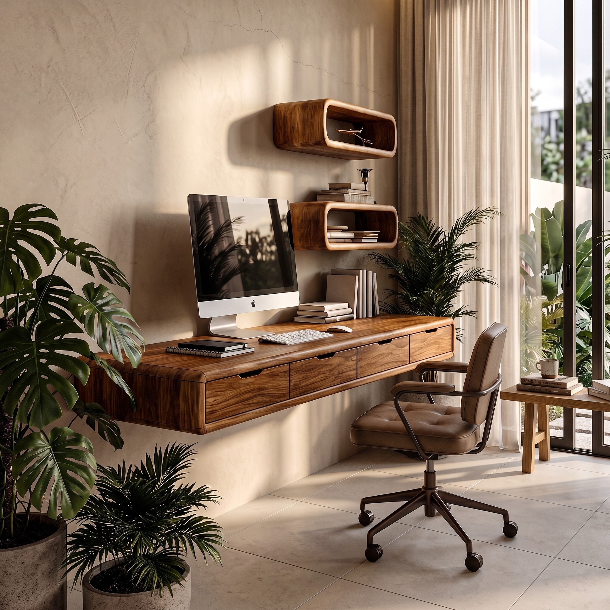 Modern Floating Desk with Drawer & Wall Mounted Shelves, Space-Saving Wood Writing Laptop Table for Office