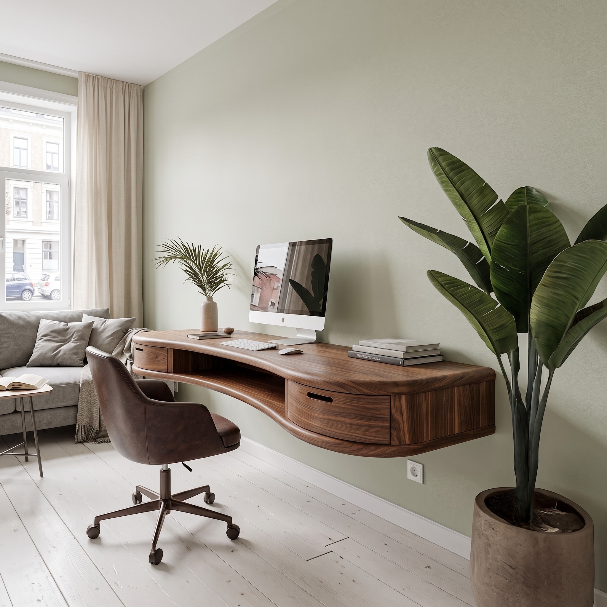Modern Floating Desk with Storage Drawer, Curved Wood Wall Mounted Computer Writing Table for Home Office