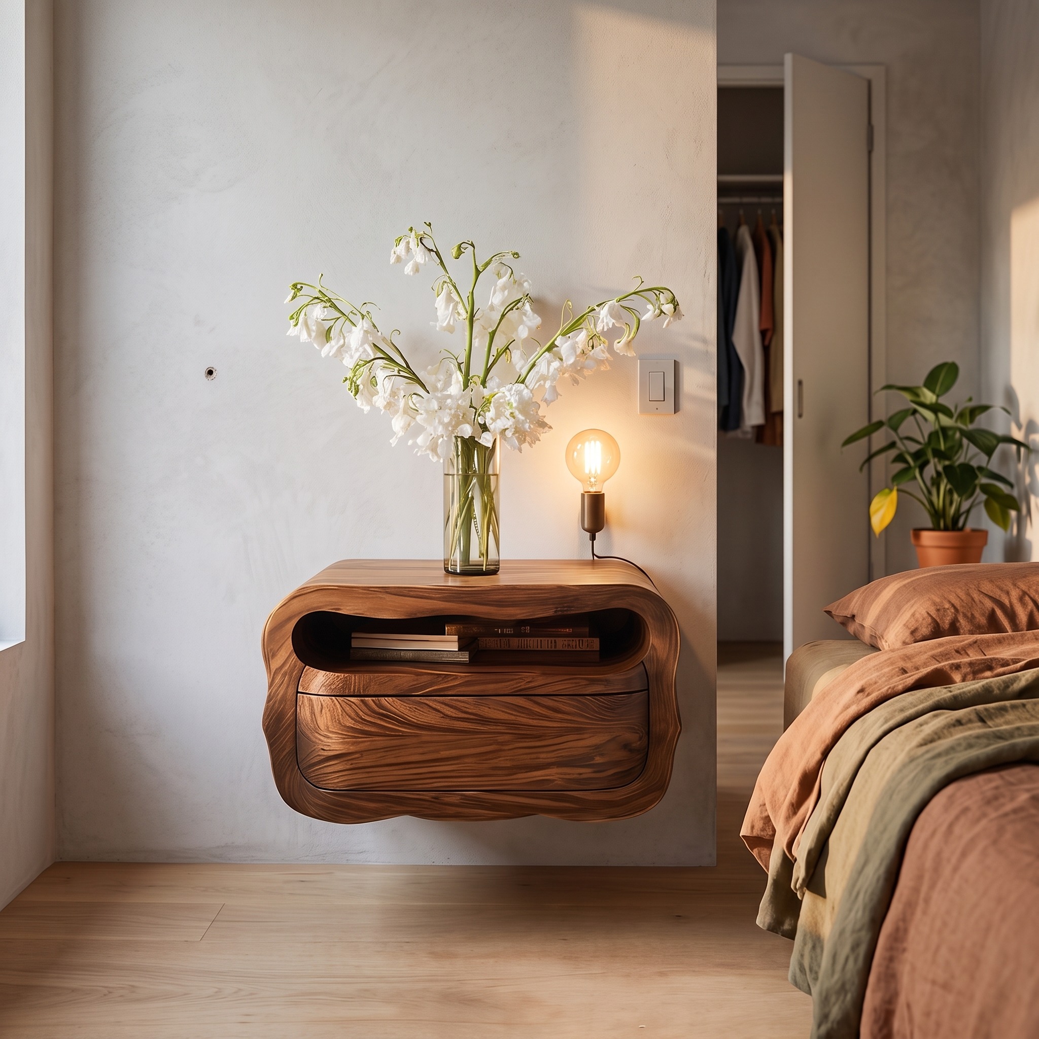 Modern Floating Nightstand with Soft Curves, Wall Mounted Wooden Bedside Table with Drawer, Model
