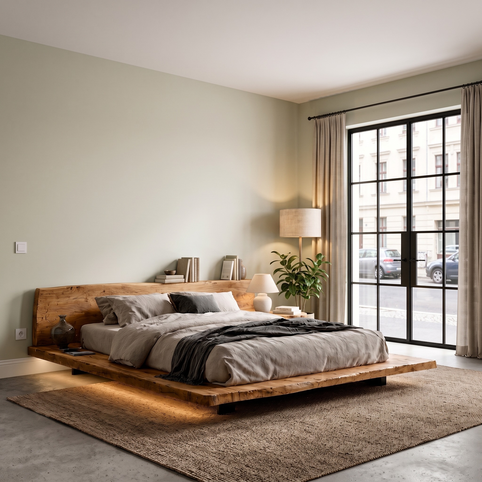 Modern Floating Platform Bed Frame with Upholstered Headboard, Solid Wood Luxury Bedroom Bed Frame