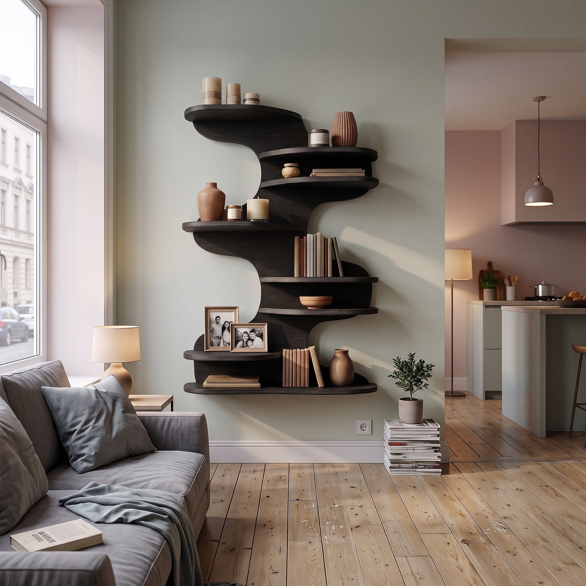 Modern Floating Shelf with Nature Inspired Tree Branch Form for Living Room