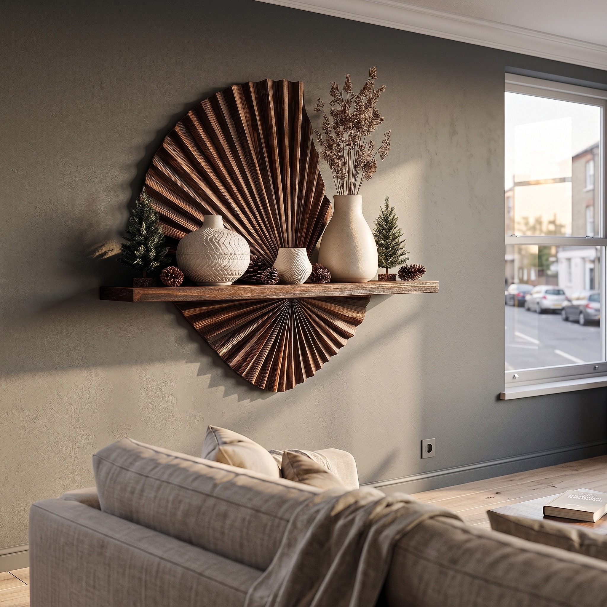 Modern Floating Shelf with Sunburst Wood Wall Sculpture for Living Room