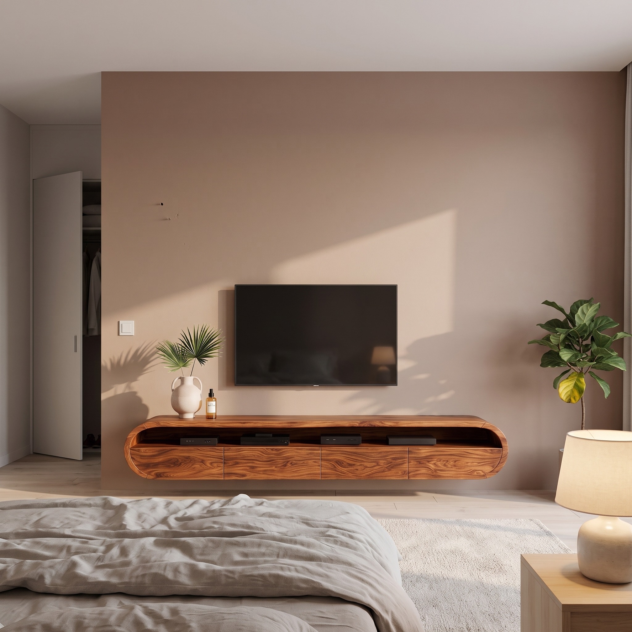 Modern Floating TV Console with Rounded Edge, Wall Mounted Solid Wood Media Cabinet for Living Room