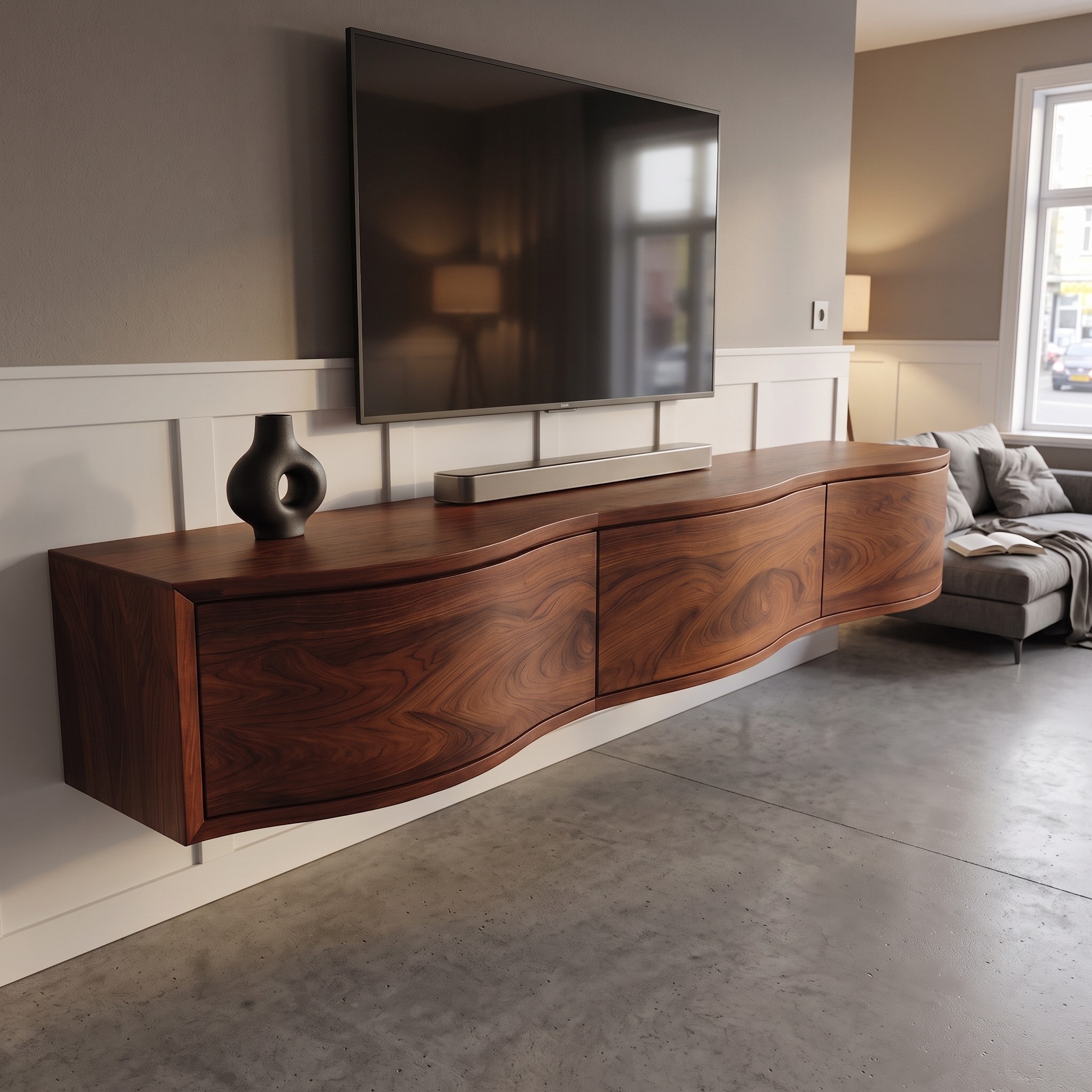Modern Floating TV Stand Console, Handcrafted Wall Mounted Wooden Media Entertainment Shelf for Home Decor