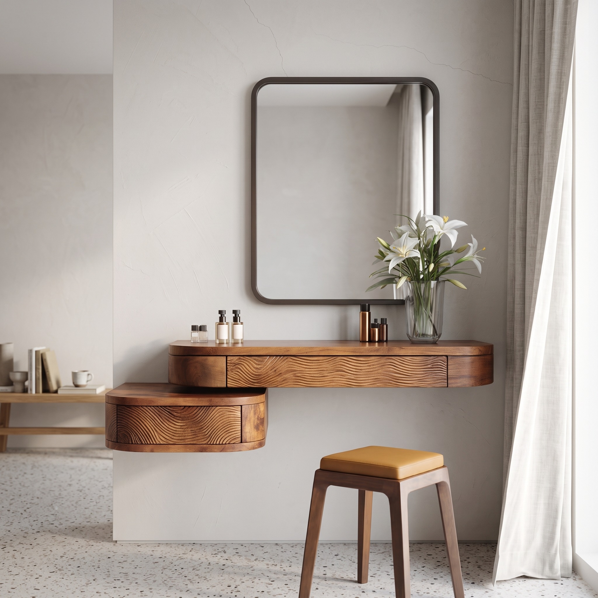Modern Floating Vanity Table, Wall Mounted Solid Wood Makeup Dressing Desk with Storage Drawer for Bedroom Studio Desk