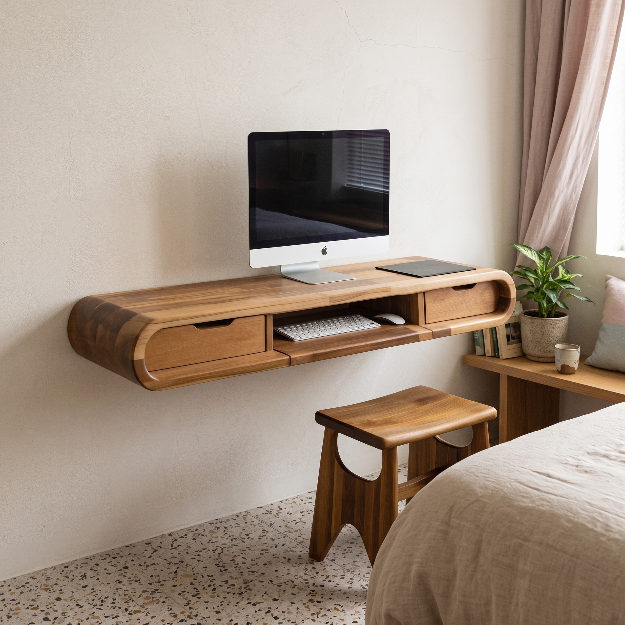 Modern Floating Wall Mounted Desk, Handcrafted Solid Wood Writing Study Table with Drawers for Bedroom & Home Office