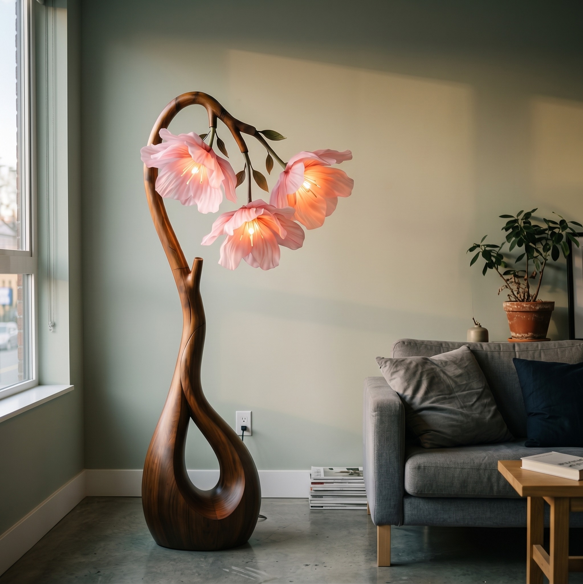 Modern Floor Lamp with Nature-Inspired Silhouette, Handcrafted Wooden Standing Light for Living Room