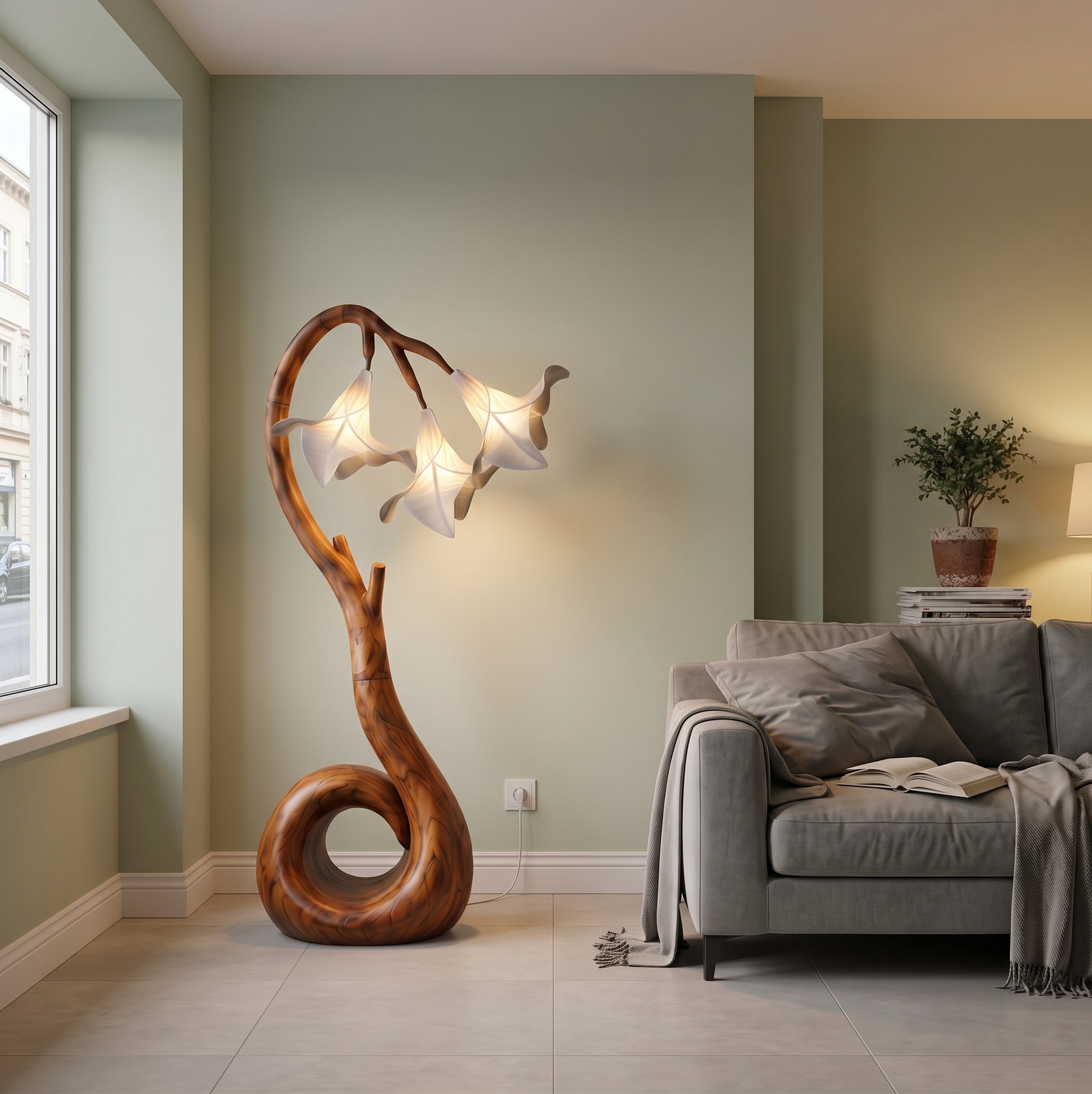 Modern Floor Lamp with Organic Flower Design, Handcrafted Wooden Standing Light for Bedroom & Living Room