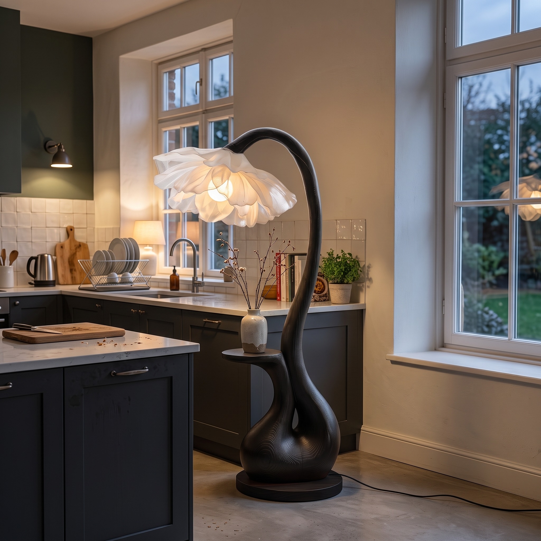 Modern Floor Lamp with Sculptural Curved Base and Display Shelf for Living Room