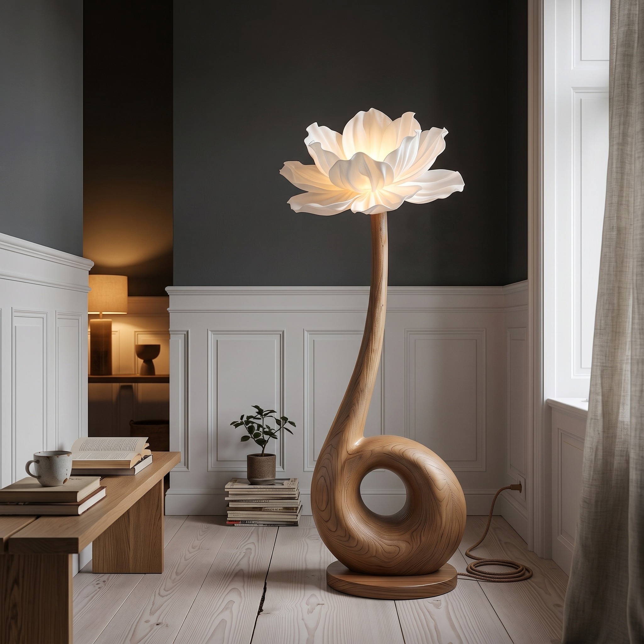 Modern Floor Lamp with Sculptural Loop Base and Floral Shade for Living Room