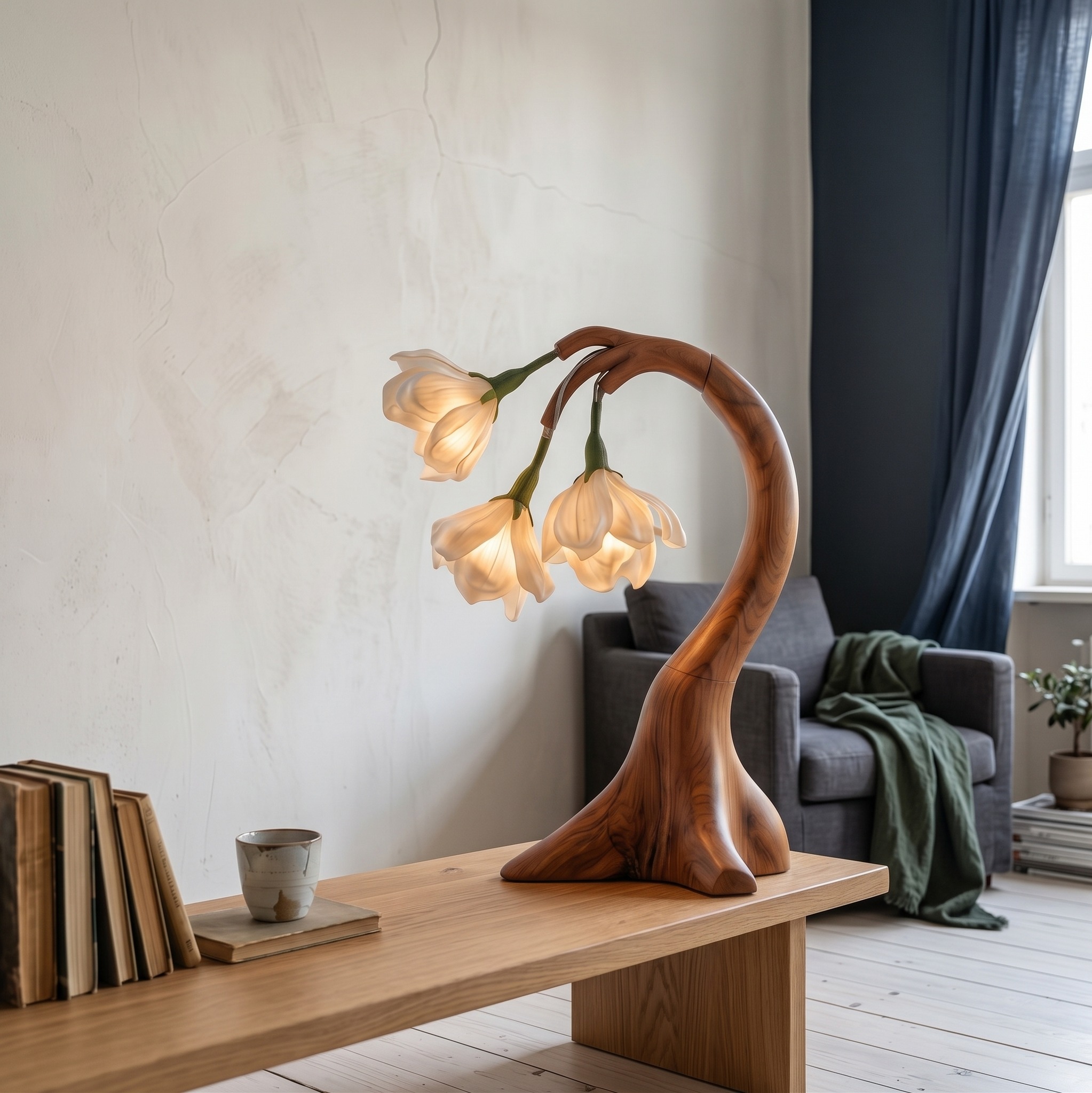 Modern Floral Table Lamp with Sculptural Curved Wood Base, Elegant Bedside Desk Nightstand Reading Light