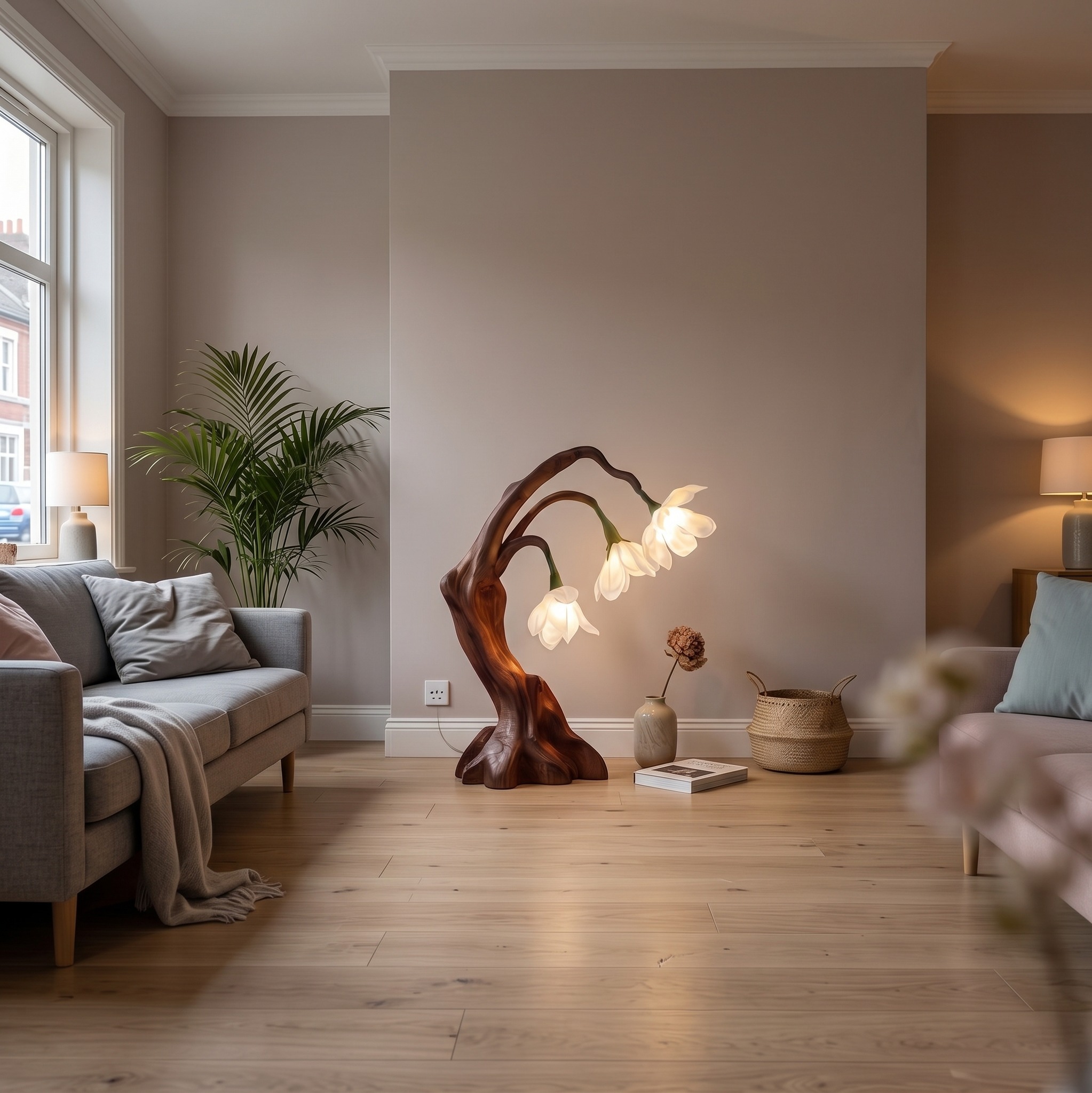 Modern Floral Table Lamp with Sculptural Driftwood Base, Handcrafted Wood Bedside Desk Nightstand Night Light