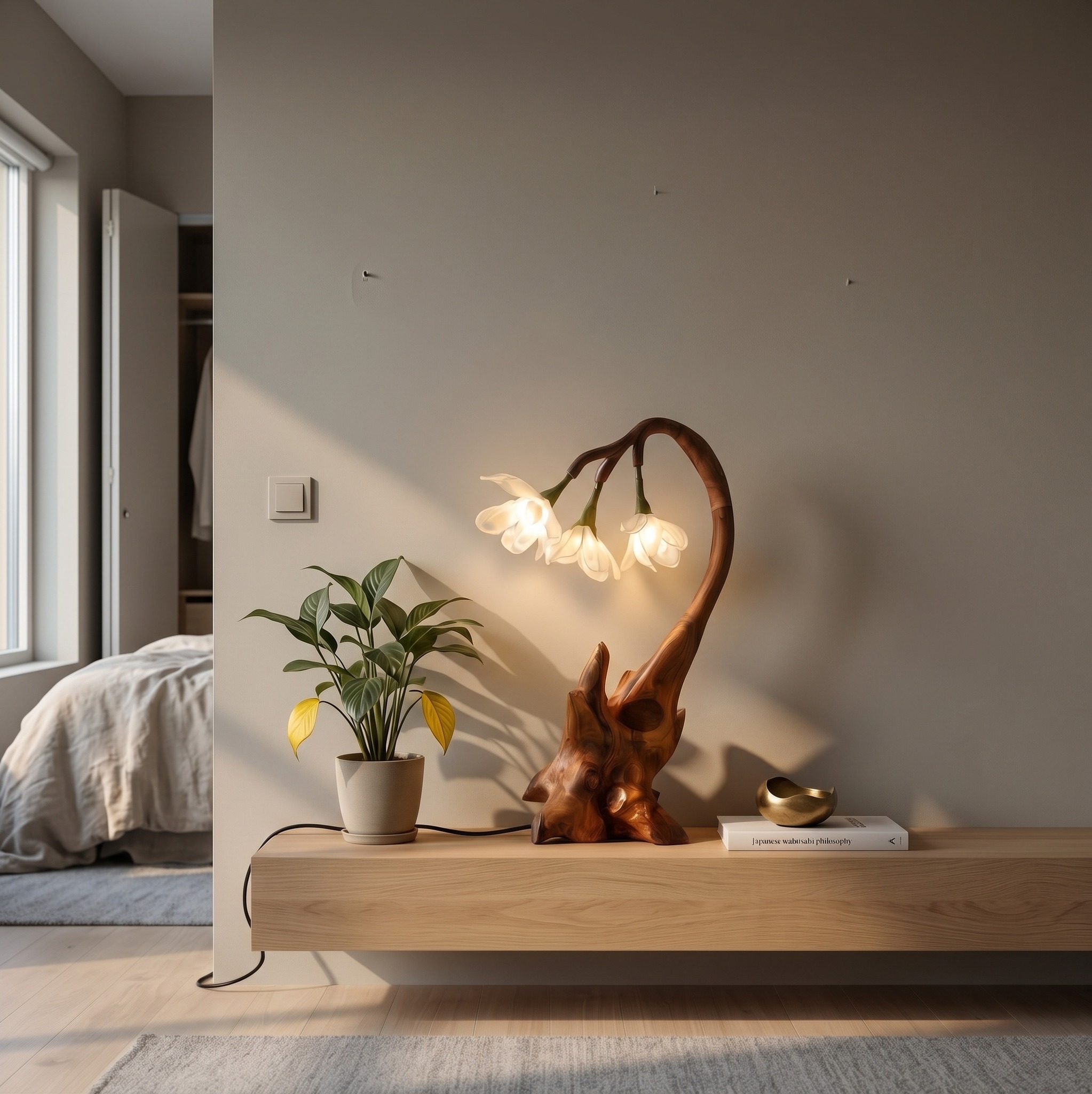 Modern Floral Table Lamp with Sculptural Wood Base for Living Room