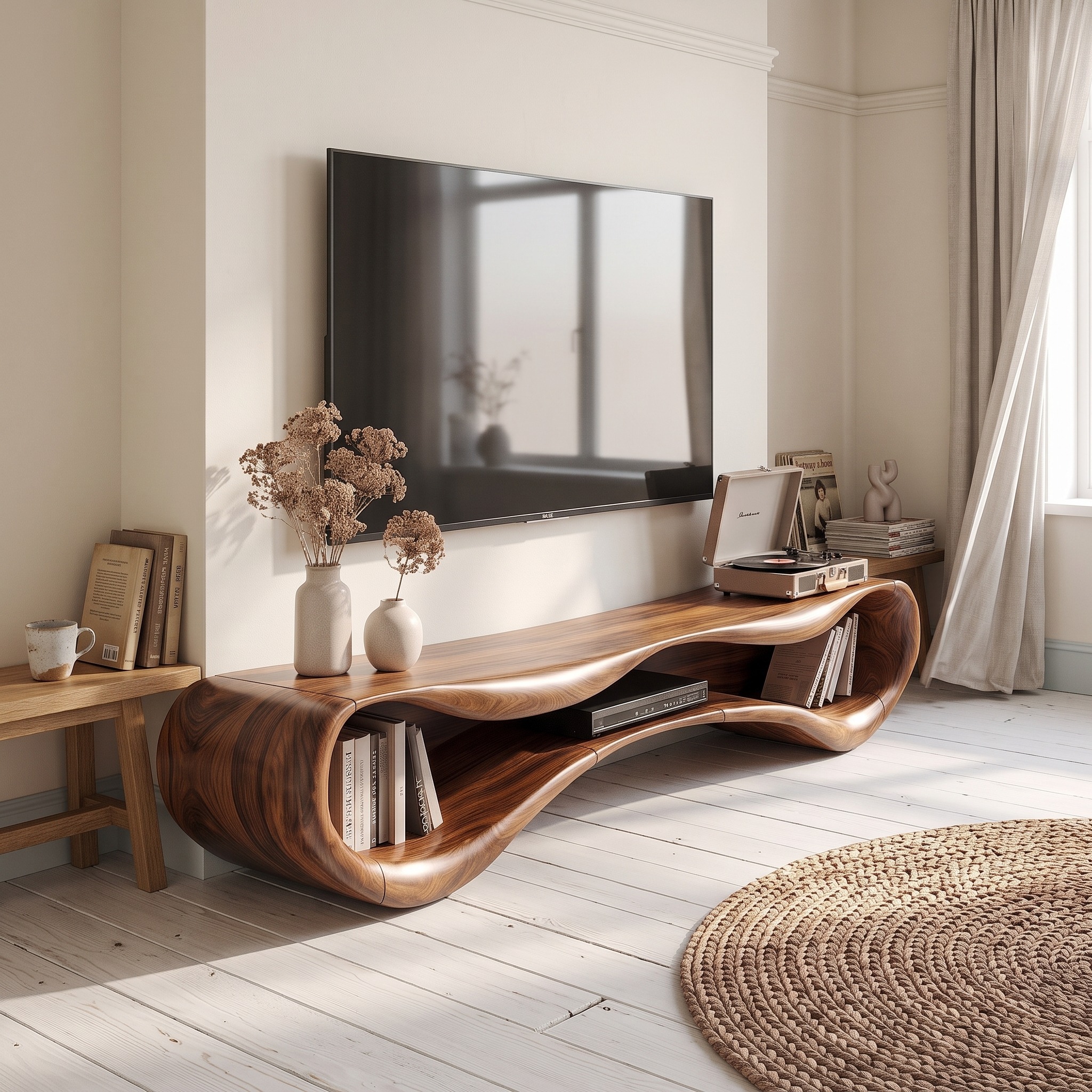 Modern Flowing Base TV Cabinet Wooden Media Unit for Living Room