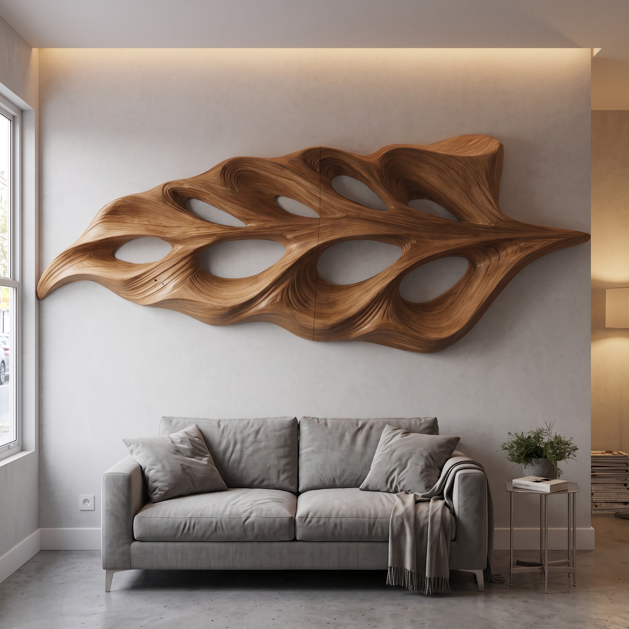 Modern Flowing Leaf Wood Wall Sculpture, Hand-Carved Botanical 3D Wood Panel Art for Living Room Decor