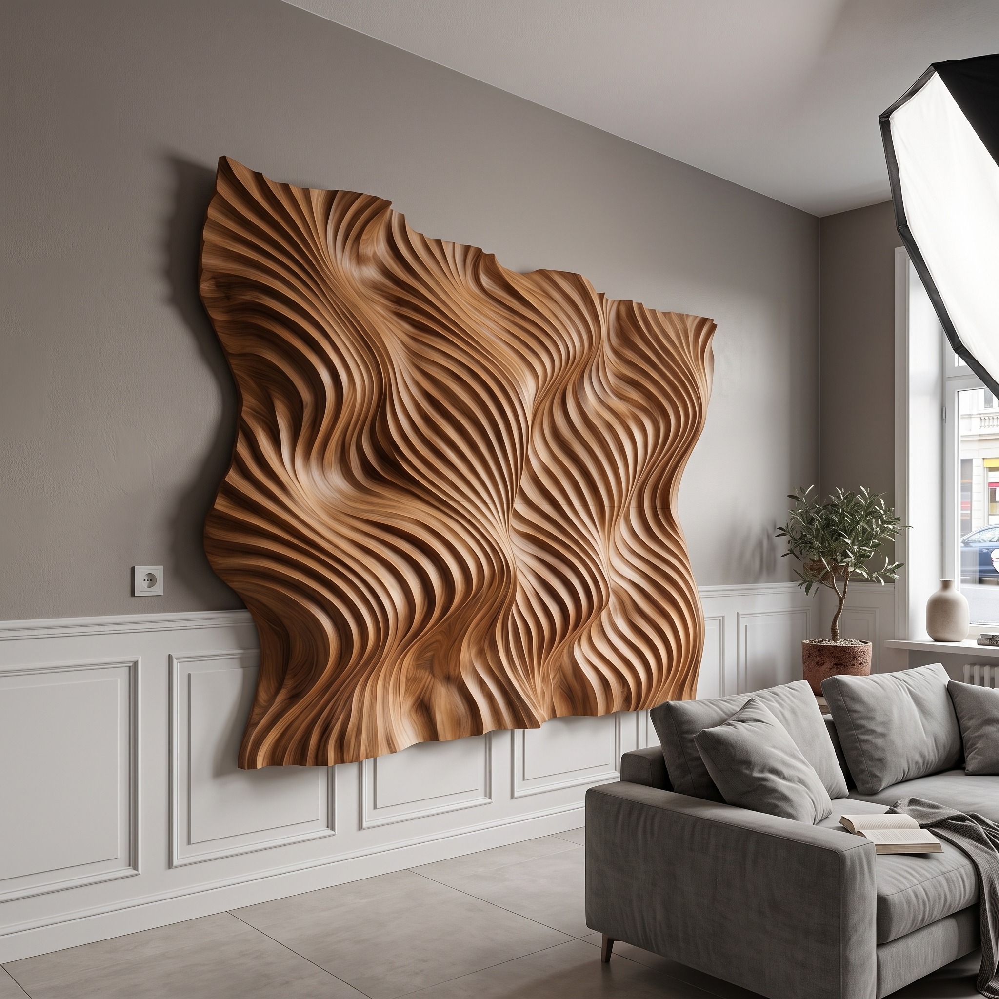 Modern Flowing Wave Wood Wall Art, Luxury 3D Carved Wave Wooden Relief Panel Sculpture for Bedroom Decor