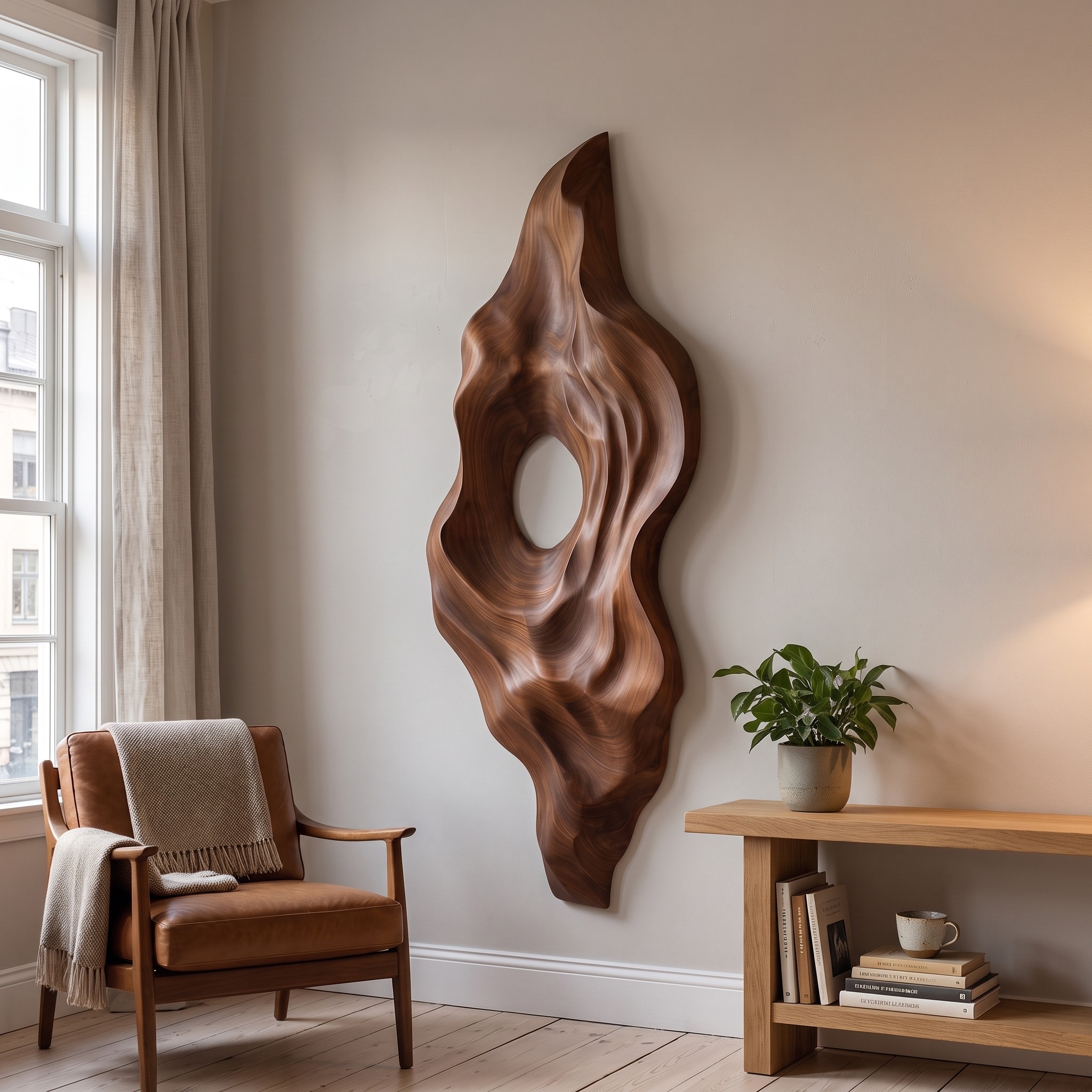 Modern Fluid Wood Wall Decor Panel, 3D Wave Ripple Sculpted Wood Wall Art for Minimalist Living Room & Bedroom